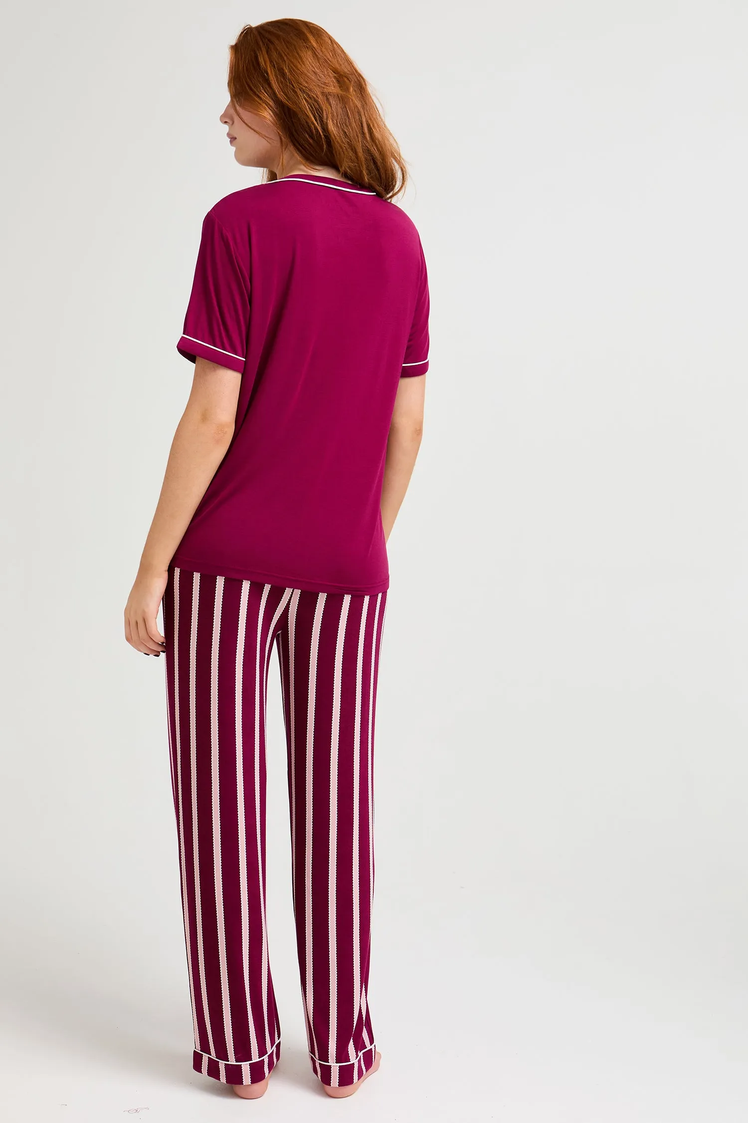 Bamboo Tee and Trouser Set in Bordeaux Stripe sold by Pretty You London product image thumbnail 3