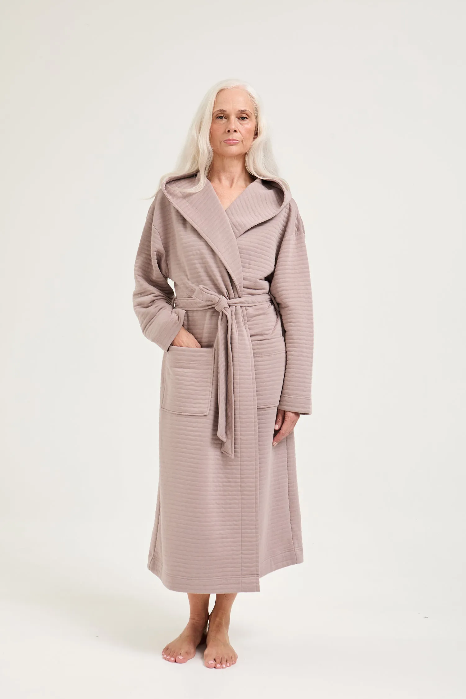 Quilted Jersey Hooded Robe in Mink sold by Pretty You London