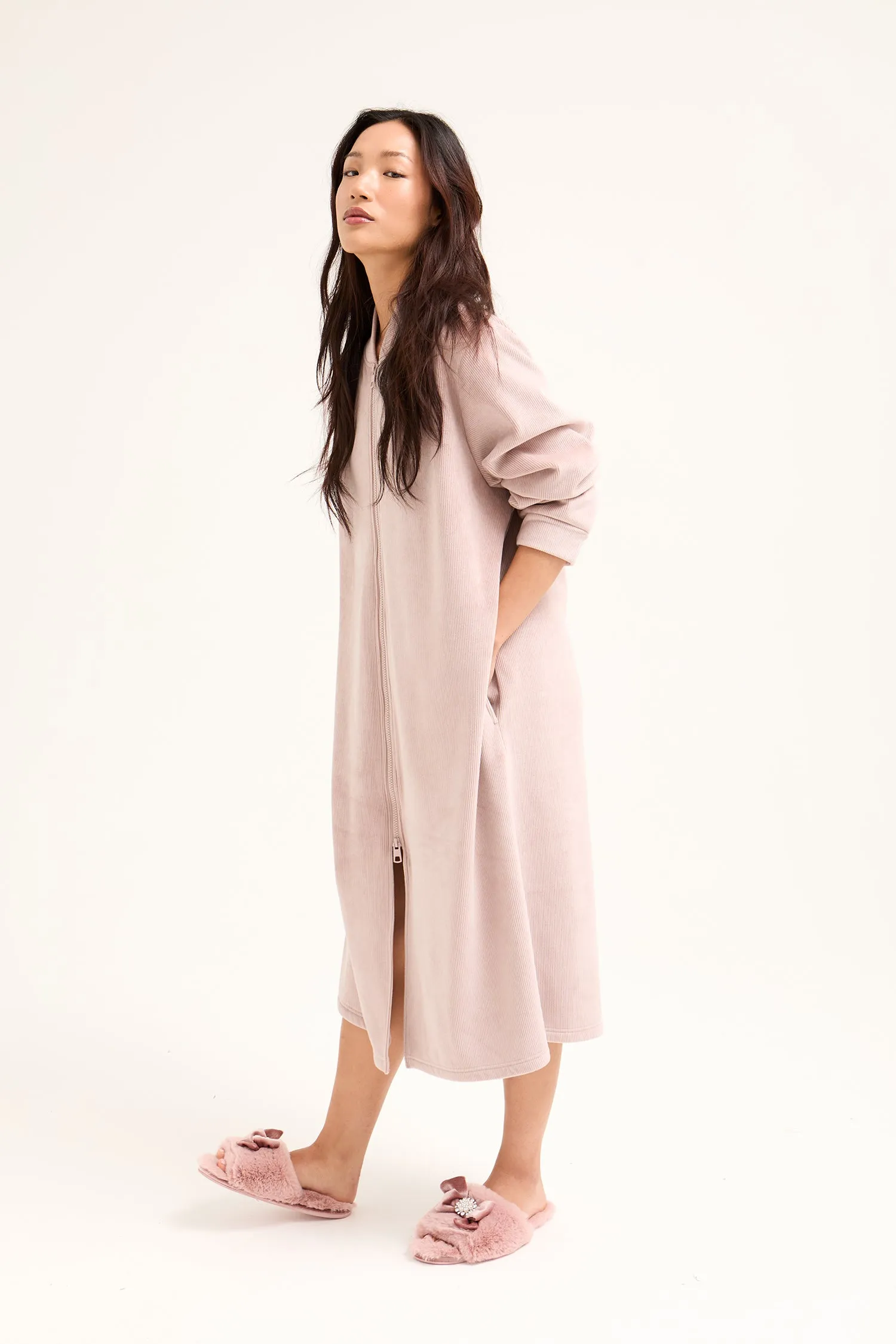 Ribbed Zip Front Housecoat in Mink sold by Pretty You London