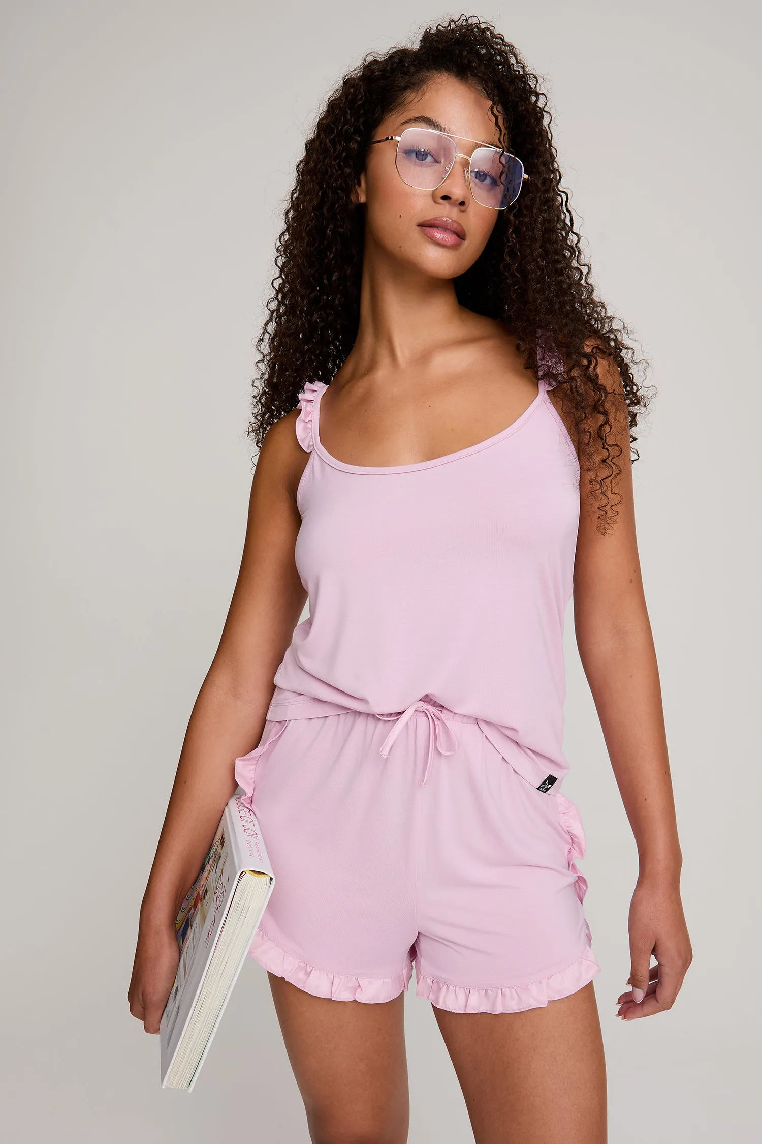 Bamboo Frill Cami Short Pyjama Set in Blush sold by Pretty You London