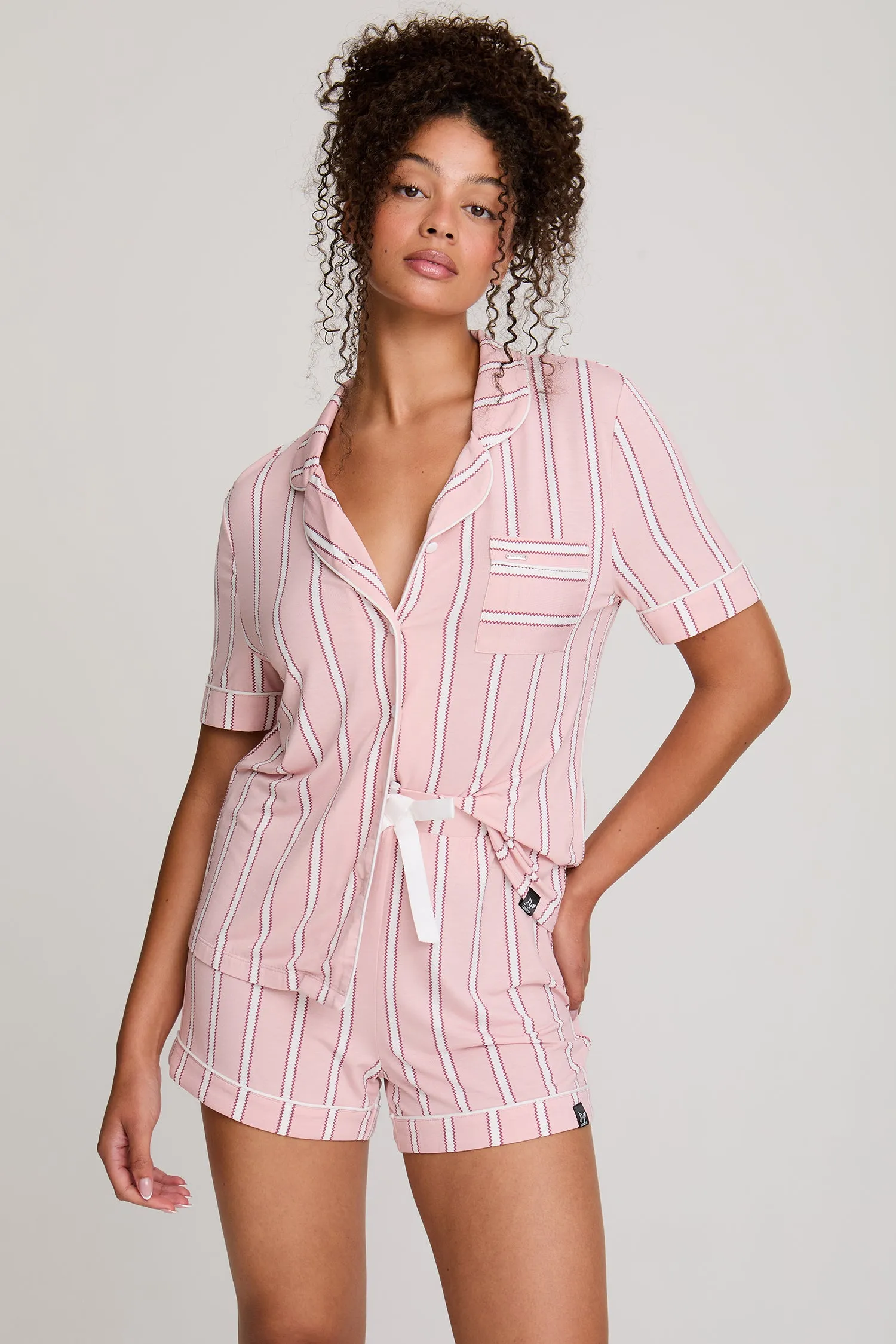 Bamboo Shirt Short Set in Blush Stripe sold by Pretty You London