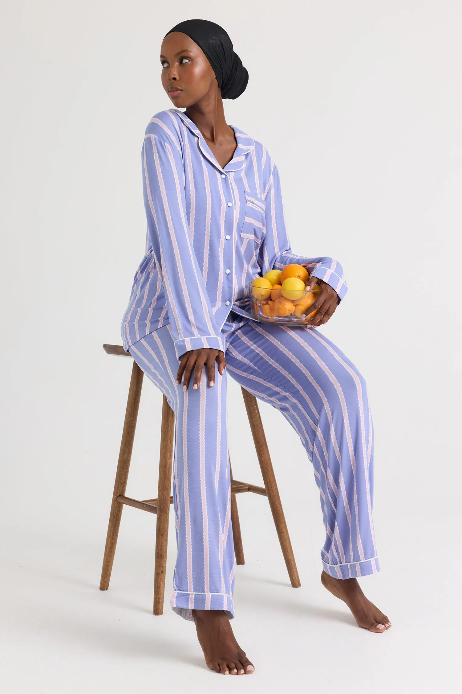 Bamboo Pajama Set in Heather Stripe sold by Pretty You London