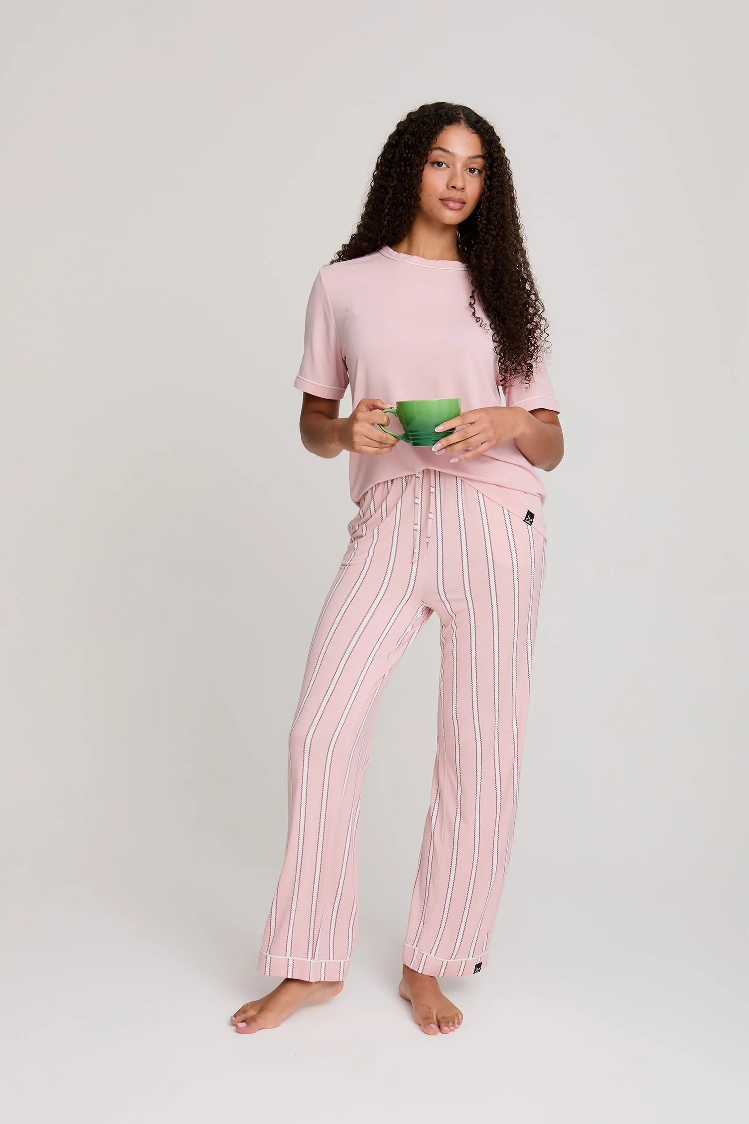 Bamboo Tee and Trouser Set in Blush Stripe sold by Pretty You London