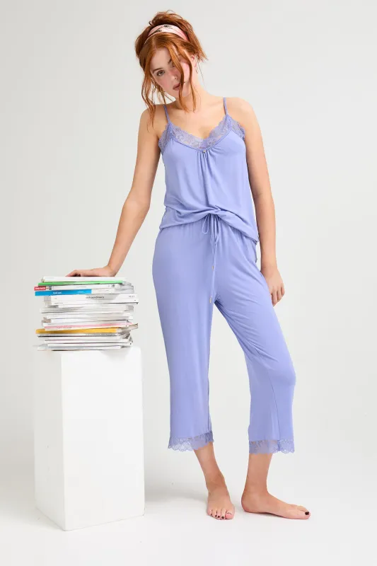 Bamboo Lace Cami Cropped Trouser Pajama Set in Heather sold by Pretty You London