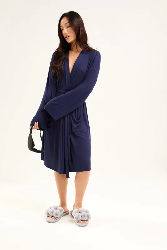 EcoVero Ribbed Robe in Midnight sold by Pretty You London