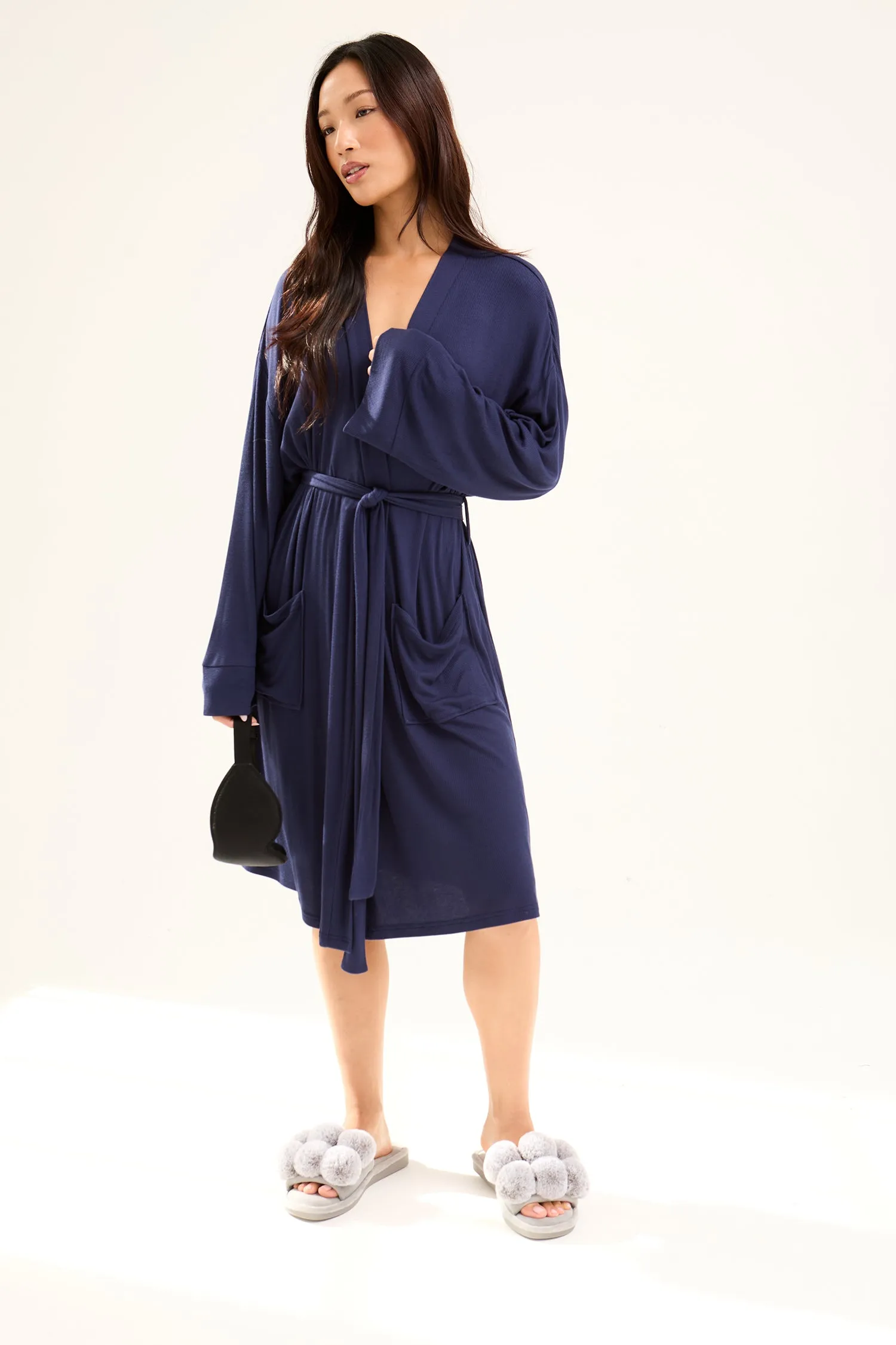 EcoVero Ribbed Robe in Midnight sold by Pretty You London product image thumbnail 5