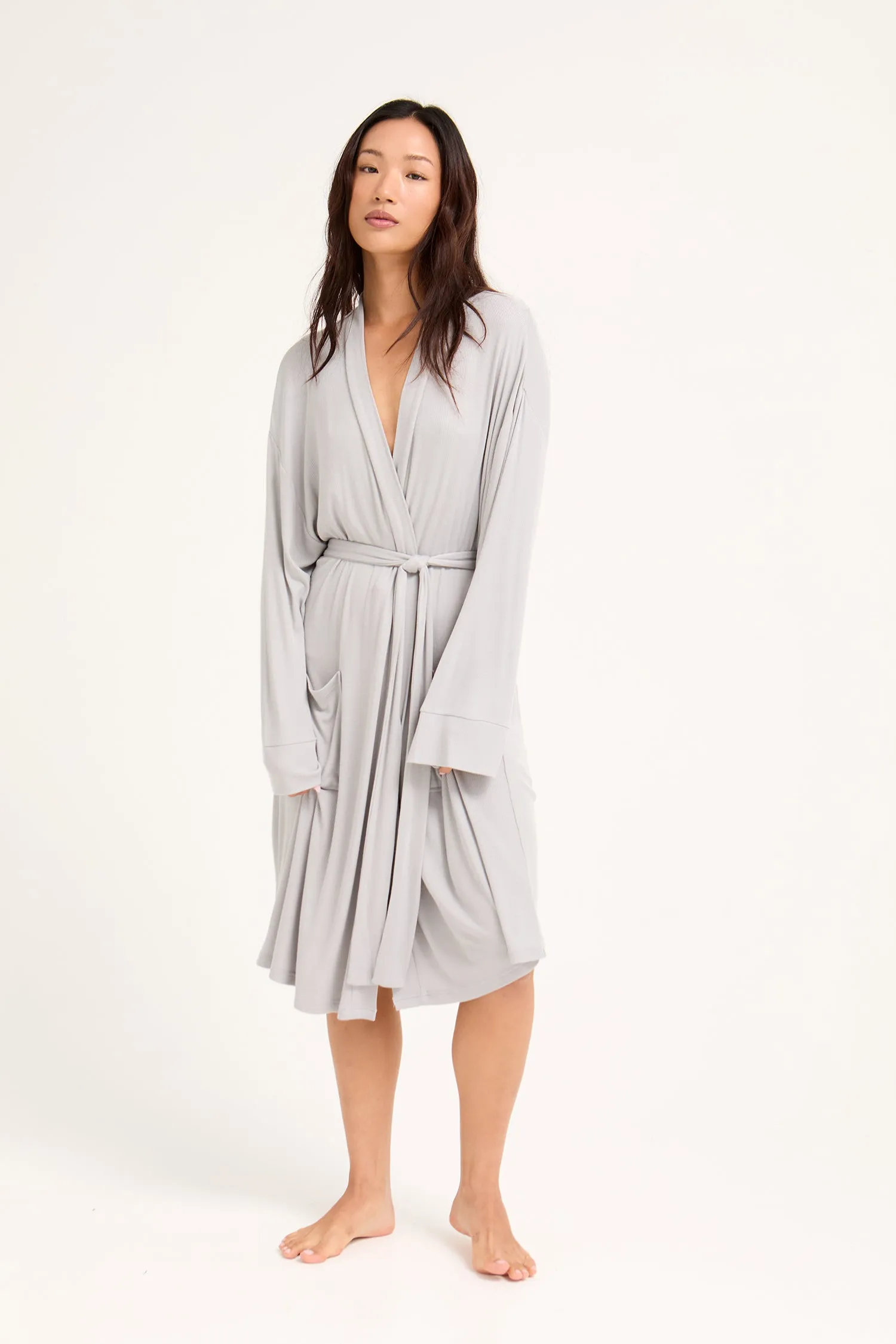 EcoVero Ribbed Robe in Grey sold by Pretty You London