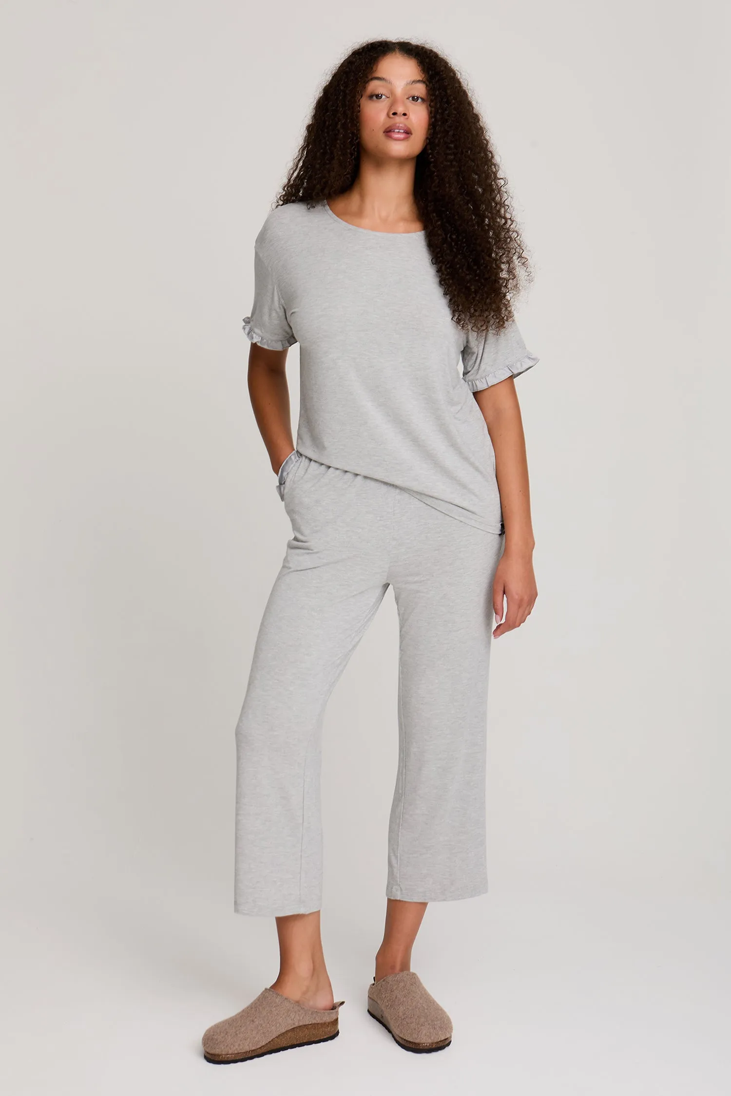 Bamboo Frill Tee Trouser Set in Gray Marl sold by Pretty You London