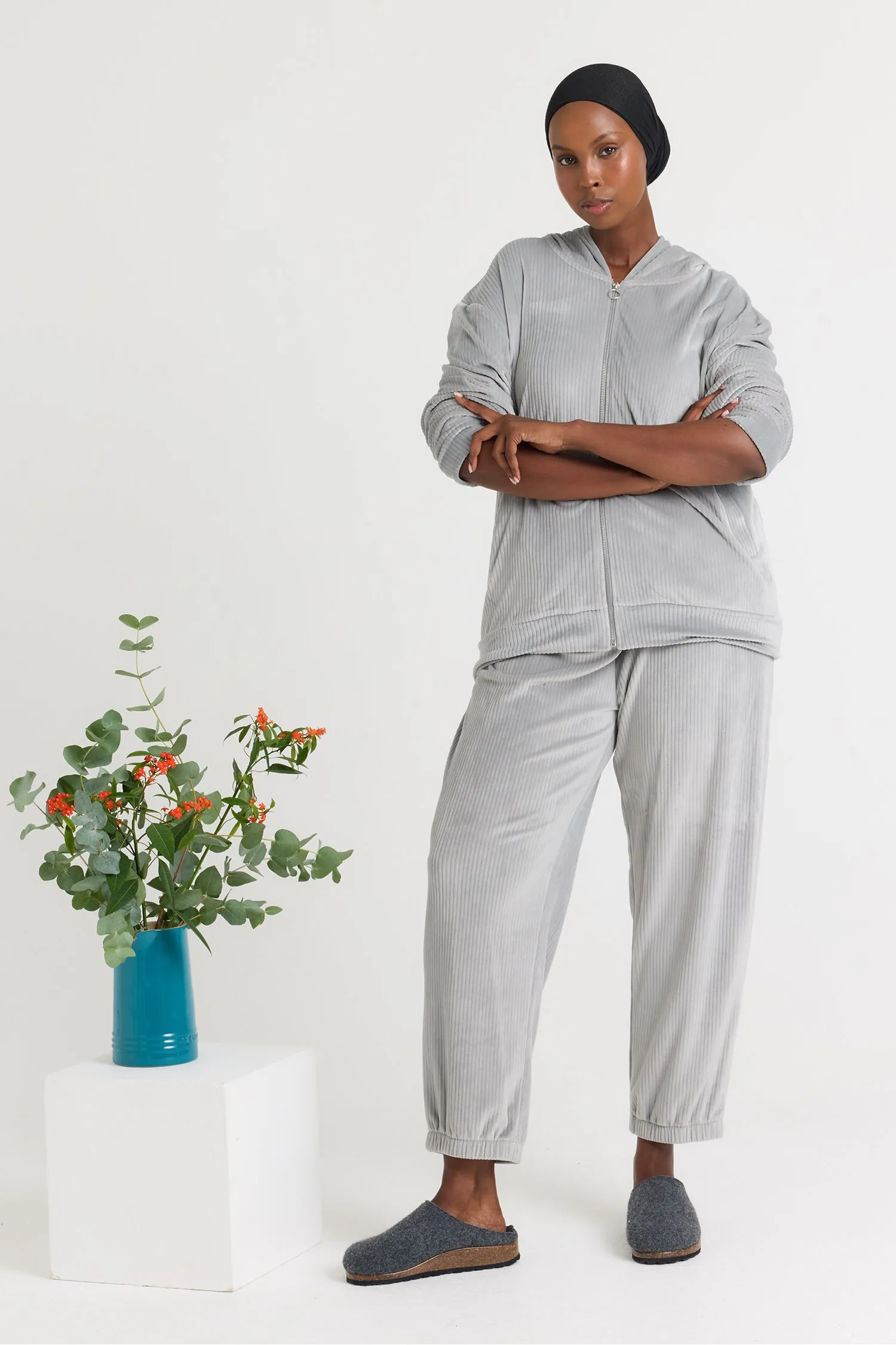 Velour Hoody Jogger Set in Grey sold by Pretty You London