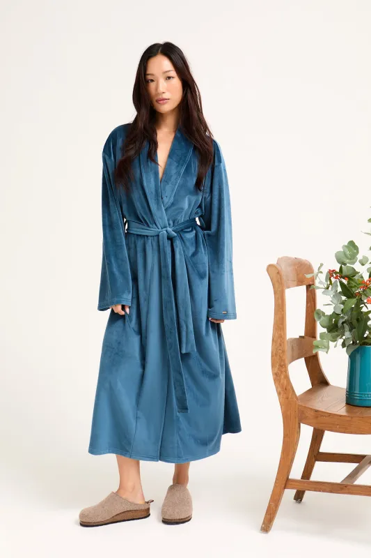 Velour Longline Dressing Gown in Teal sold by Pretty You London