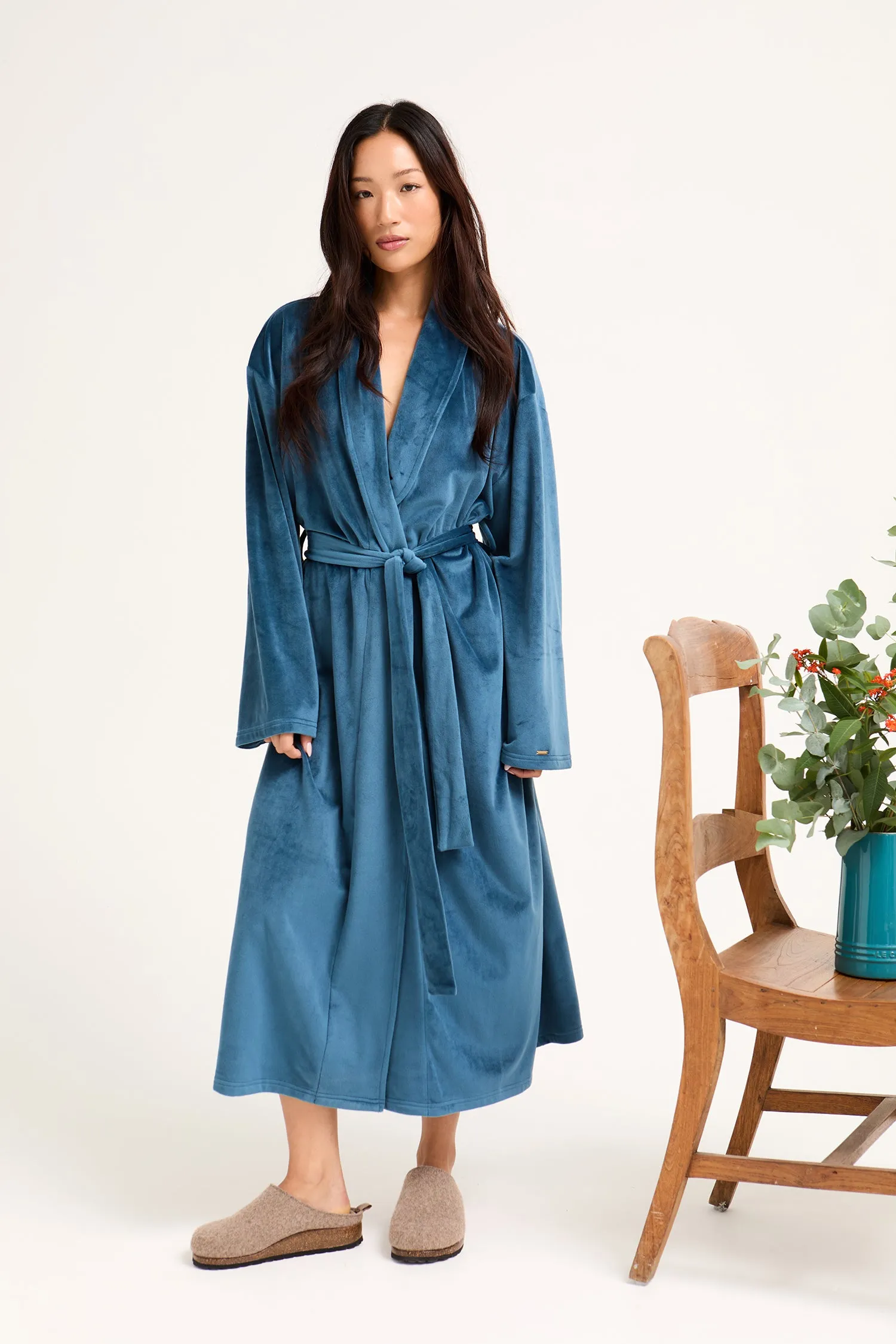 Velour Longline Dressing Gown in Teal sold by Pretty You London