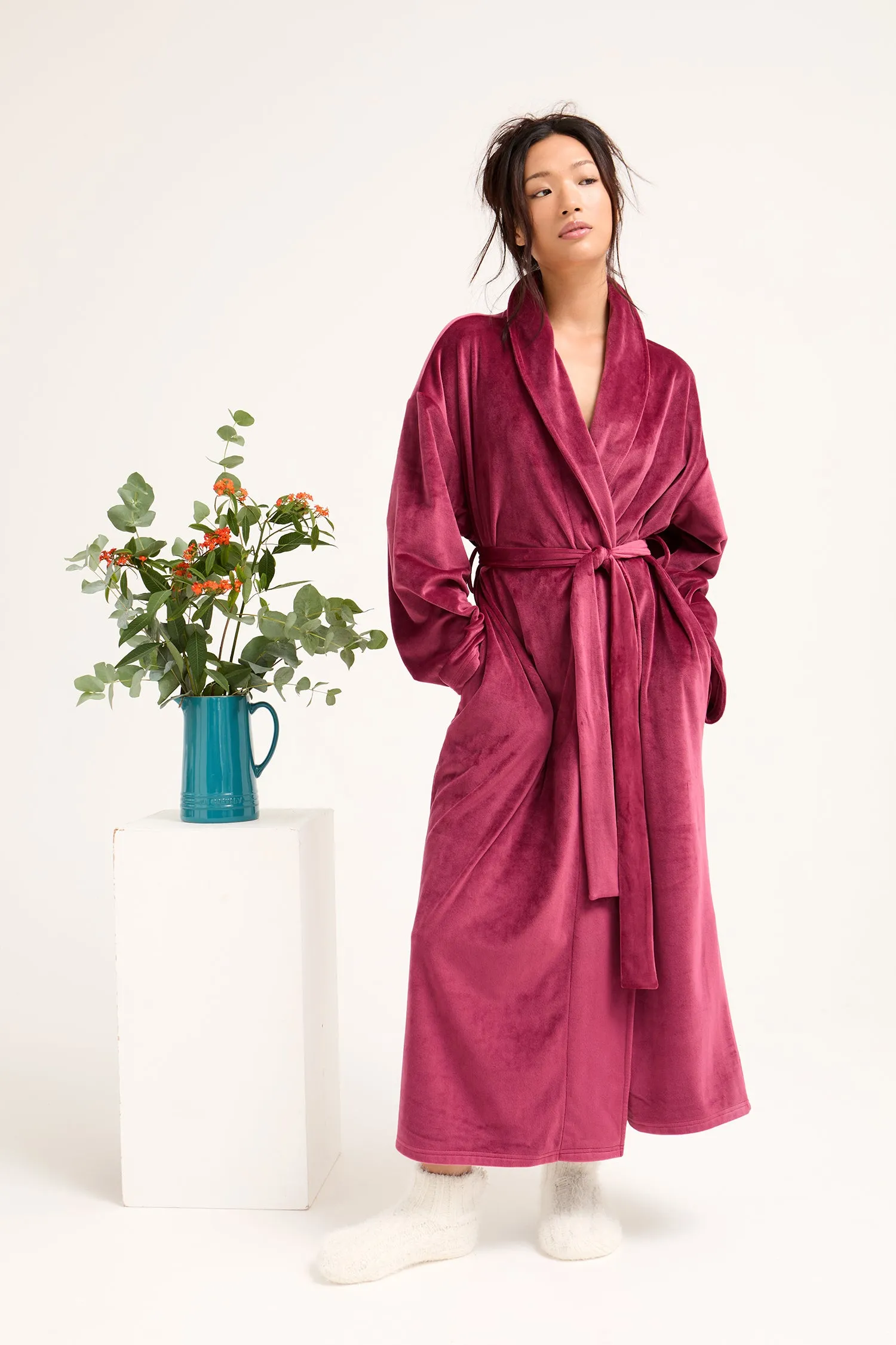 Velour Longline Dressing Gown in Bordeaux sold by Pretty You London