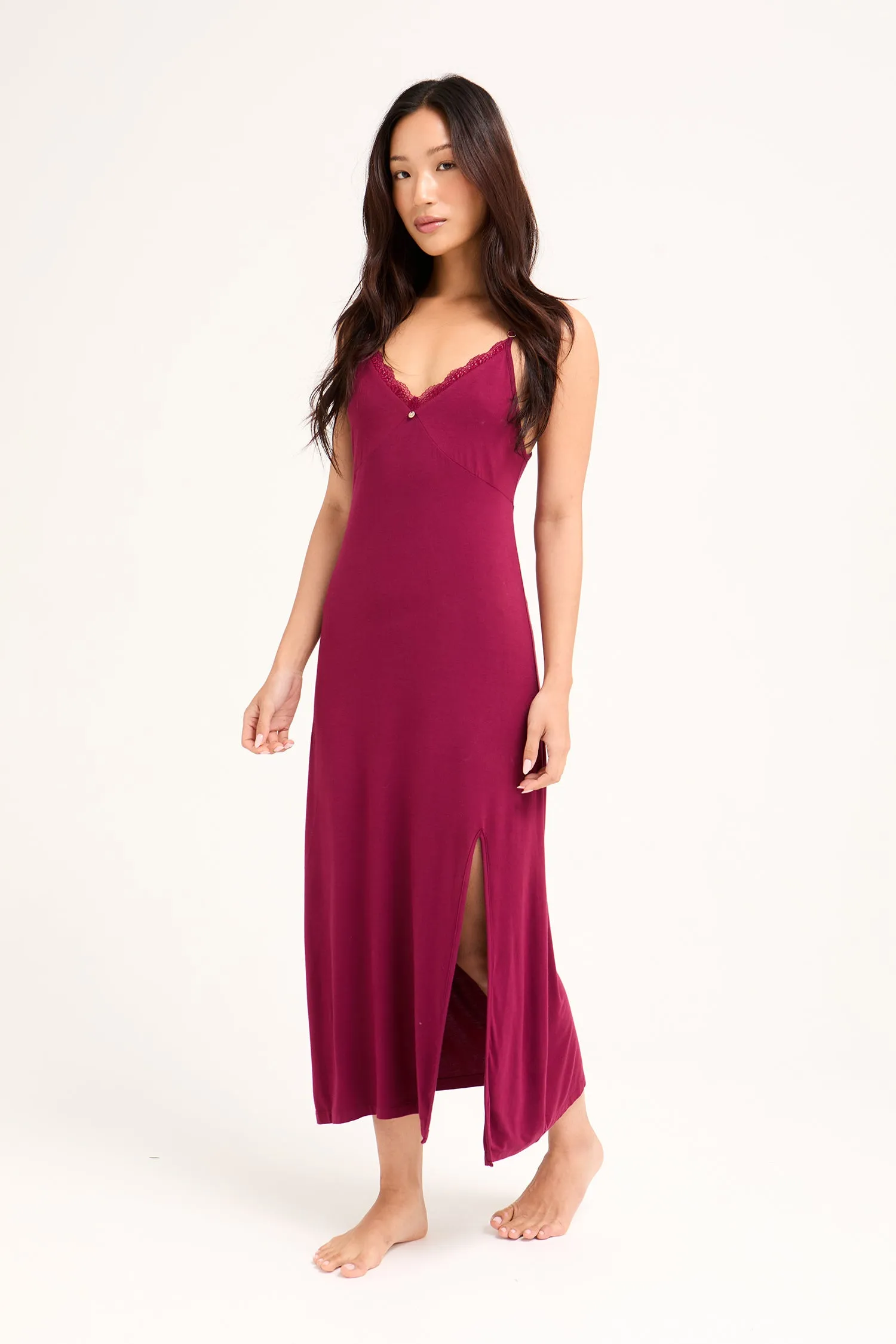 Bamboo Lace Midaxi Chemise in Bordeaux sold by Pretty You London product image thumbnail 4