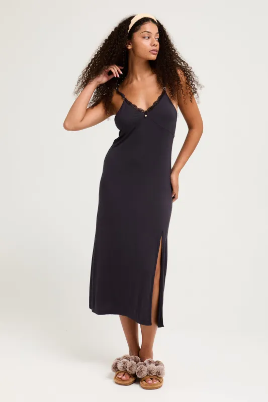 Bamboo Lace Midaxi Chemise in Raven sold by Pretty You London