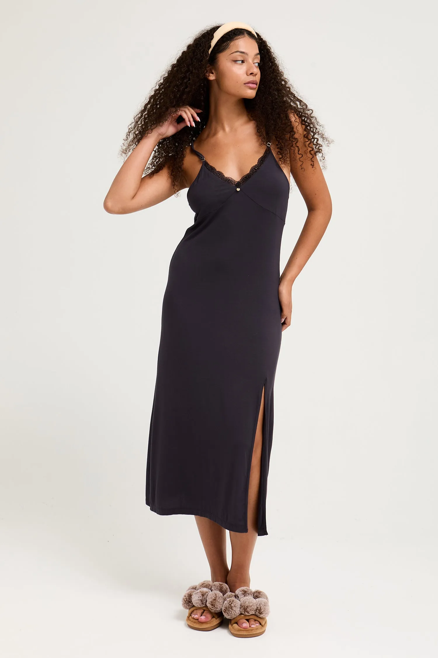 Bamboo Lace Midaxi Chemise in Raven sold by Pretty You London