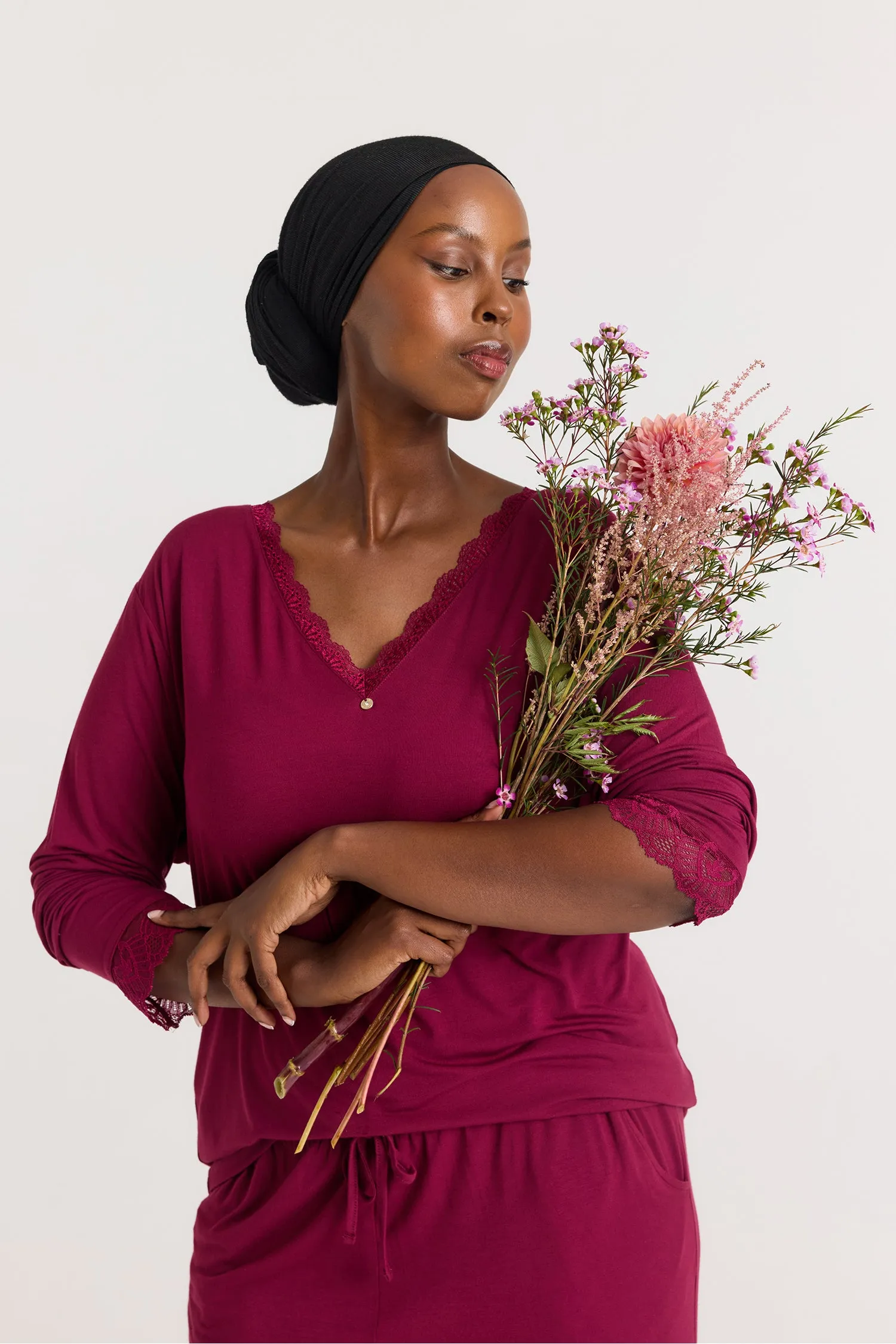 Bamboo Lace V-Neck Pyjama Set in Bordeaux sold by Pretty You London product image thumbnail 5