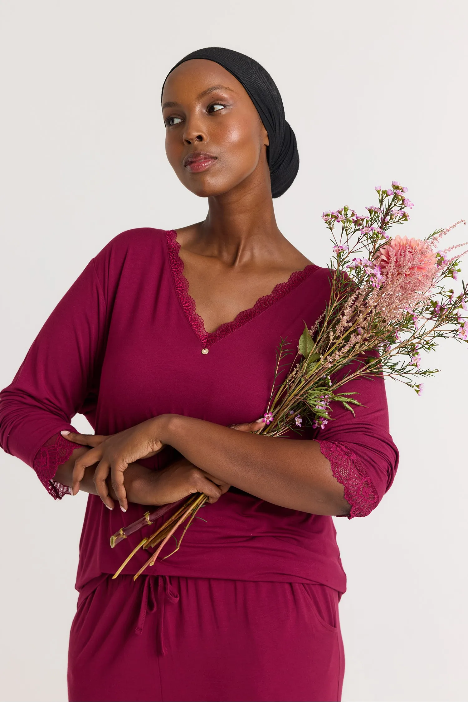 Bamboo Lace V-Neck Pyjama Set in Bordeaux sold by Pretty You London product image thumbnail 2