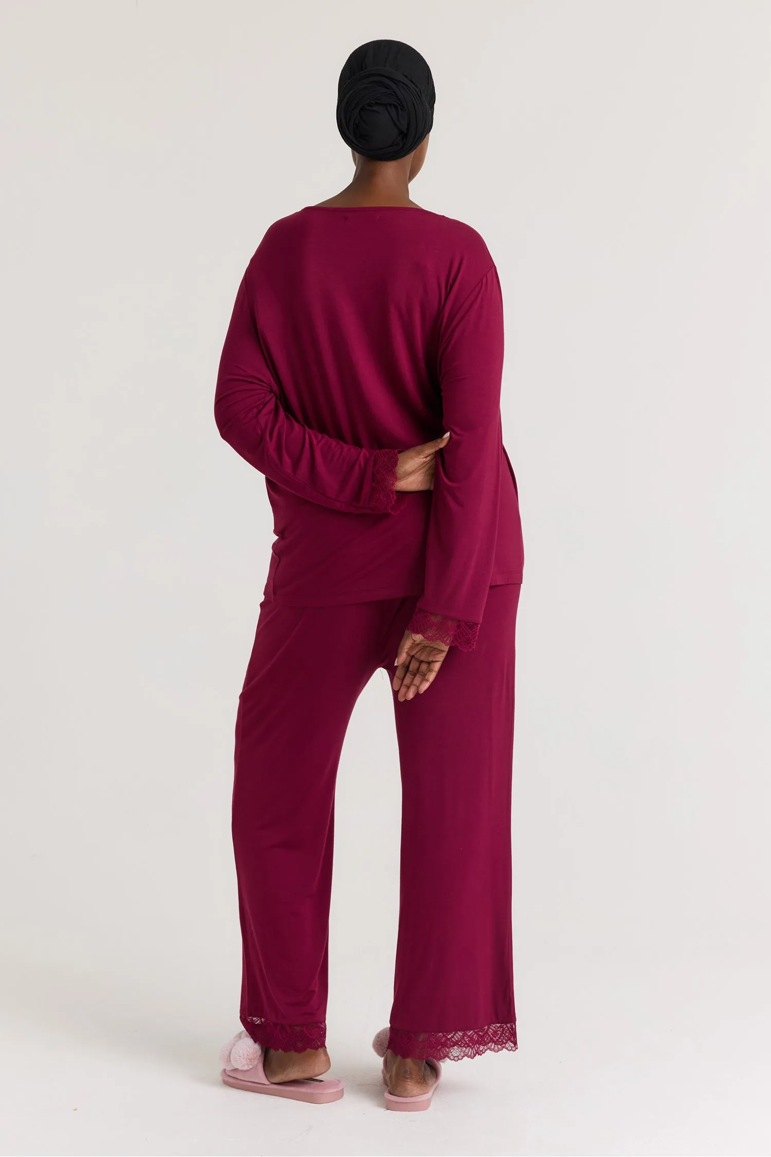 Bamboo Lace V-Neck Pyjama Set in Bordeaux sold by Pretty You London product image thumbnail 3