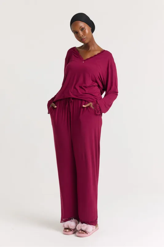 Bamboo Lace V-Neck Pyjama Set in Bordeaux sold by Pretty You London