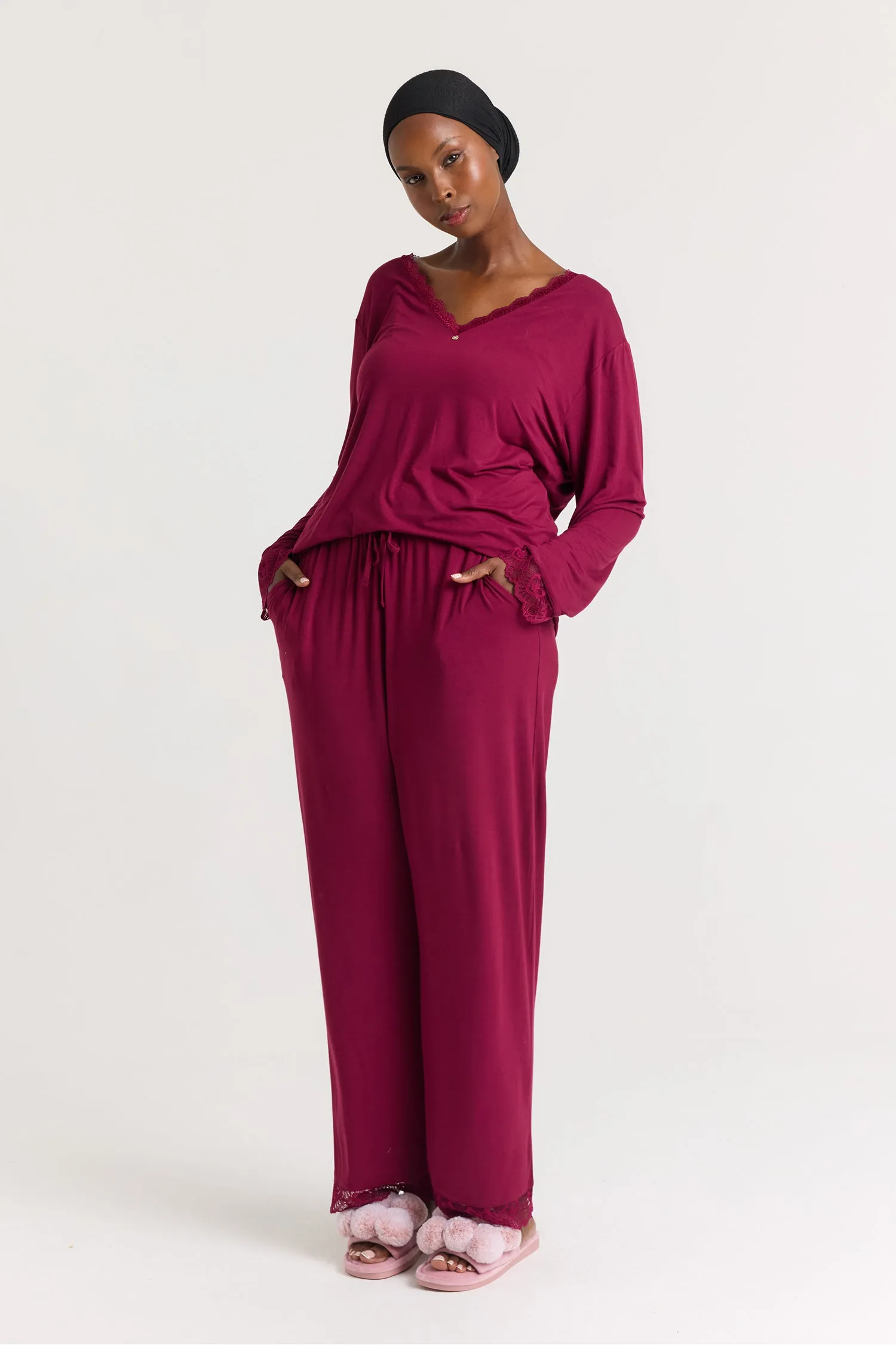 Bamboo Lace V-Neck Pyjama Set in Bordeaux sold by Pretty You London