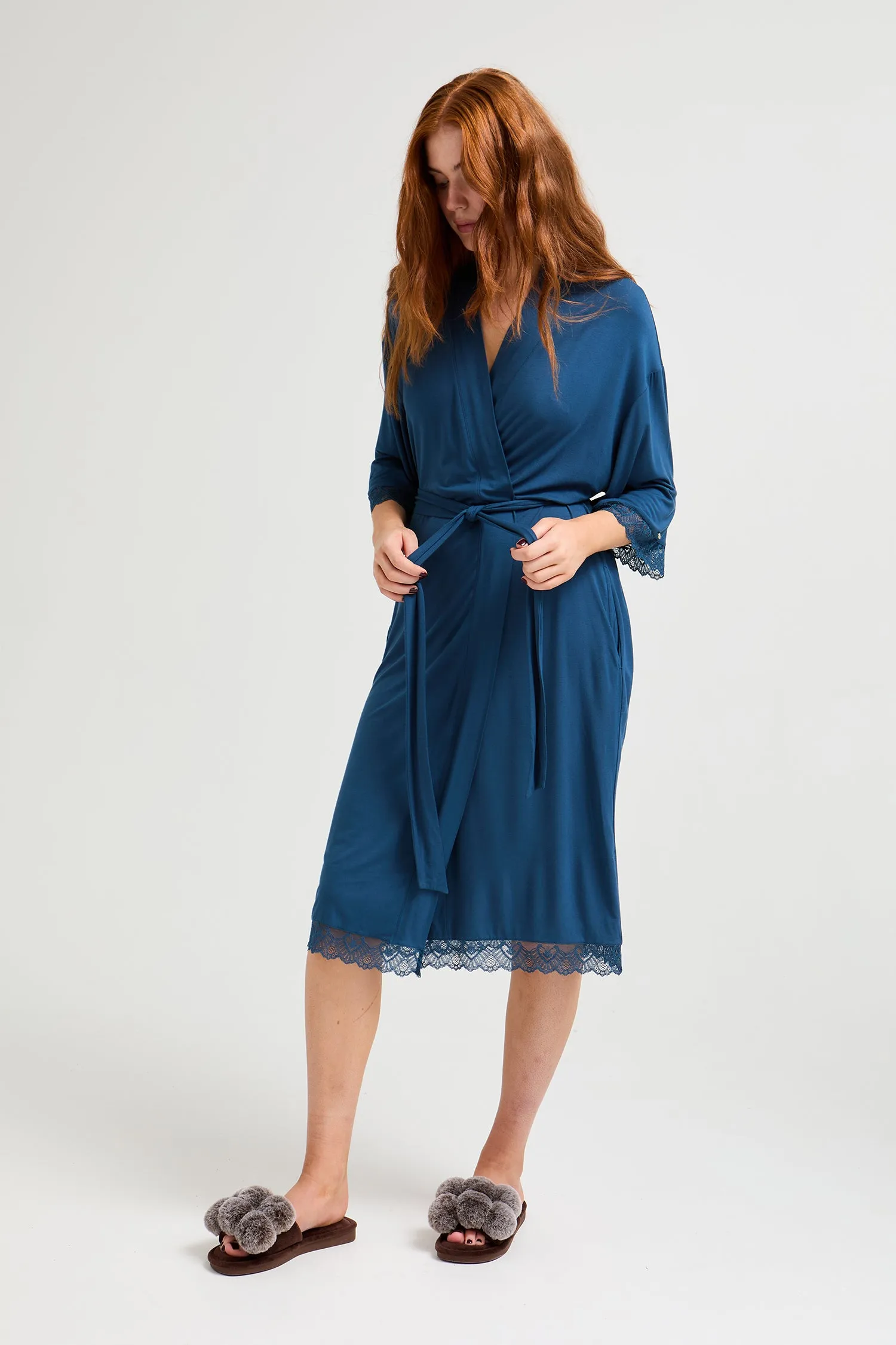 Bamboo Lace Kimono Robe in Teal sold by Pretty You London