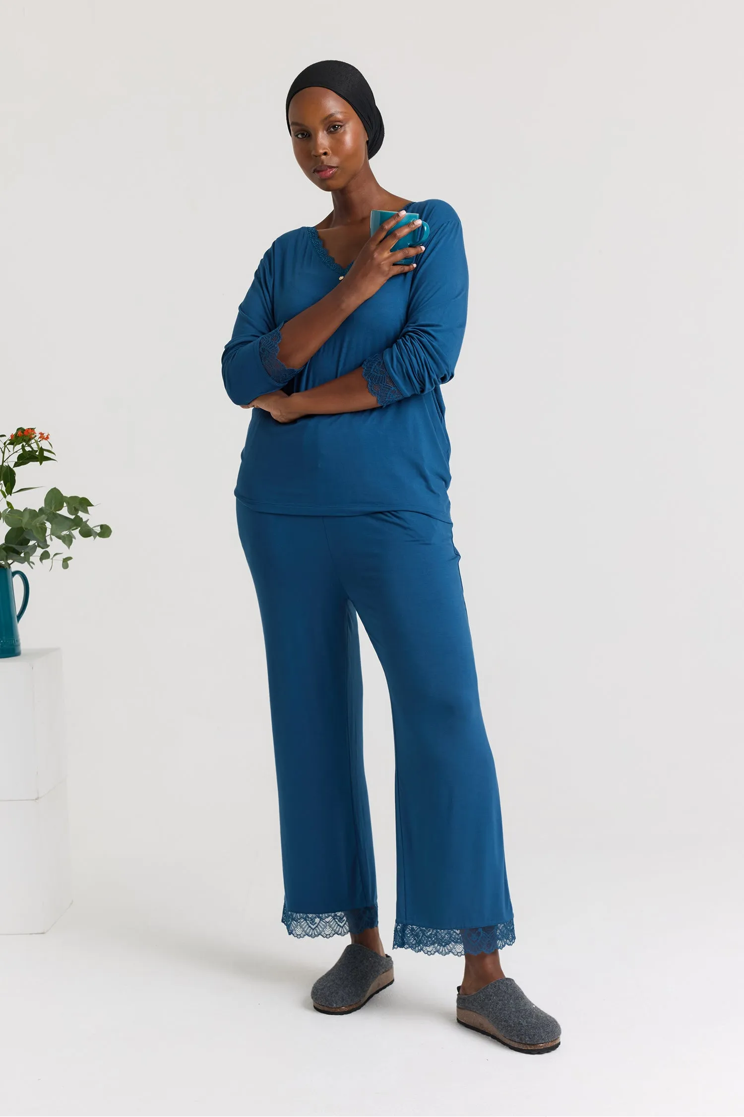 Bamboo Lace V-Neck Pyjama Set in Teal sold by Pretty You London product image thumbnail 4