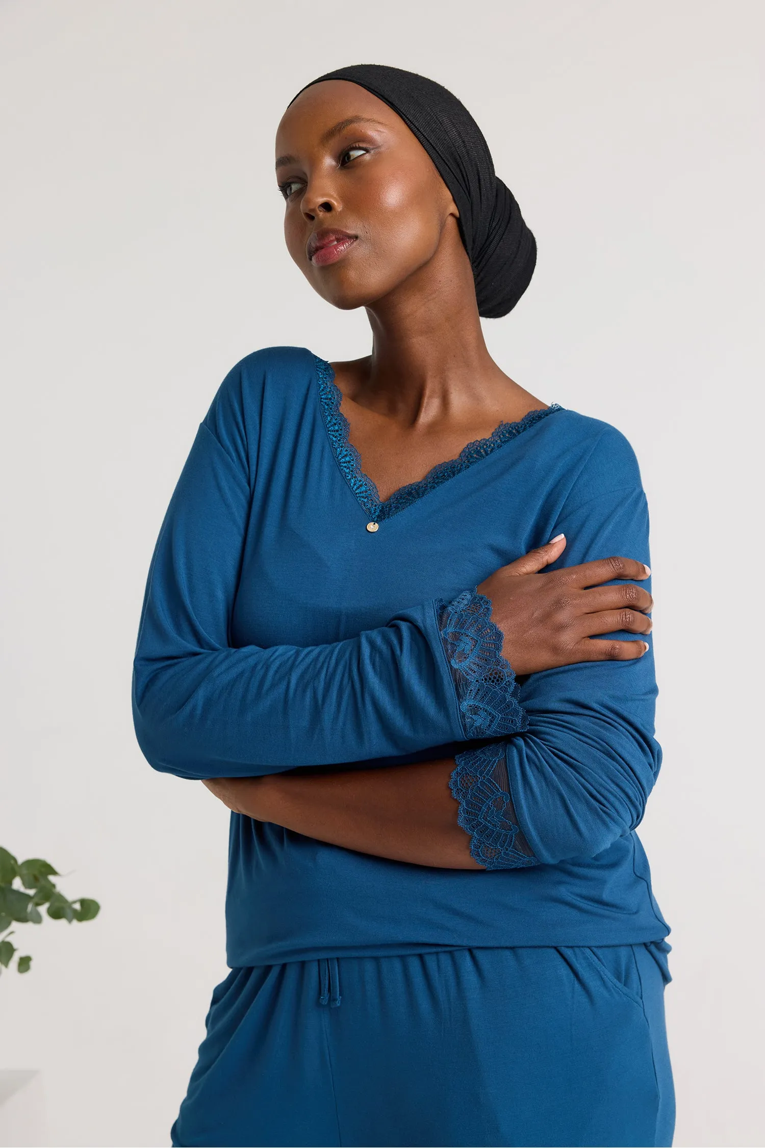 Bamboo Lace V-Neck Pyjama Set in Teal sold by Pretty You London product image thumbnail 5