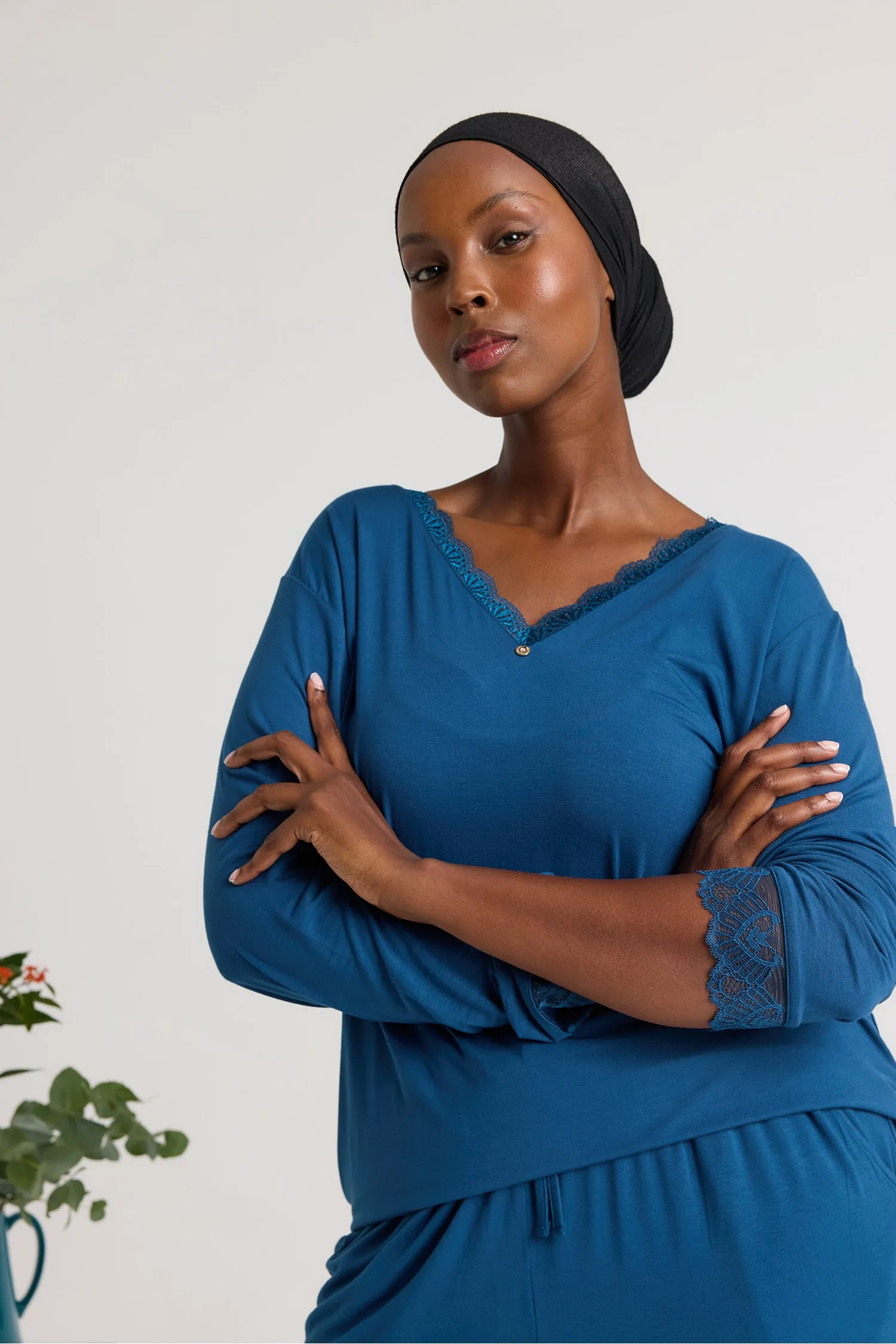 Bamboo Lace V-Neck Pyjama Set in Teal sold by Pretty You London product image thumbnail 2