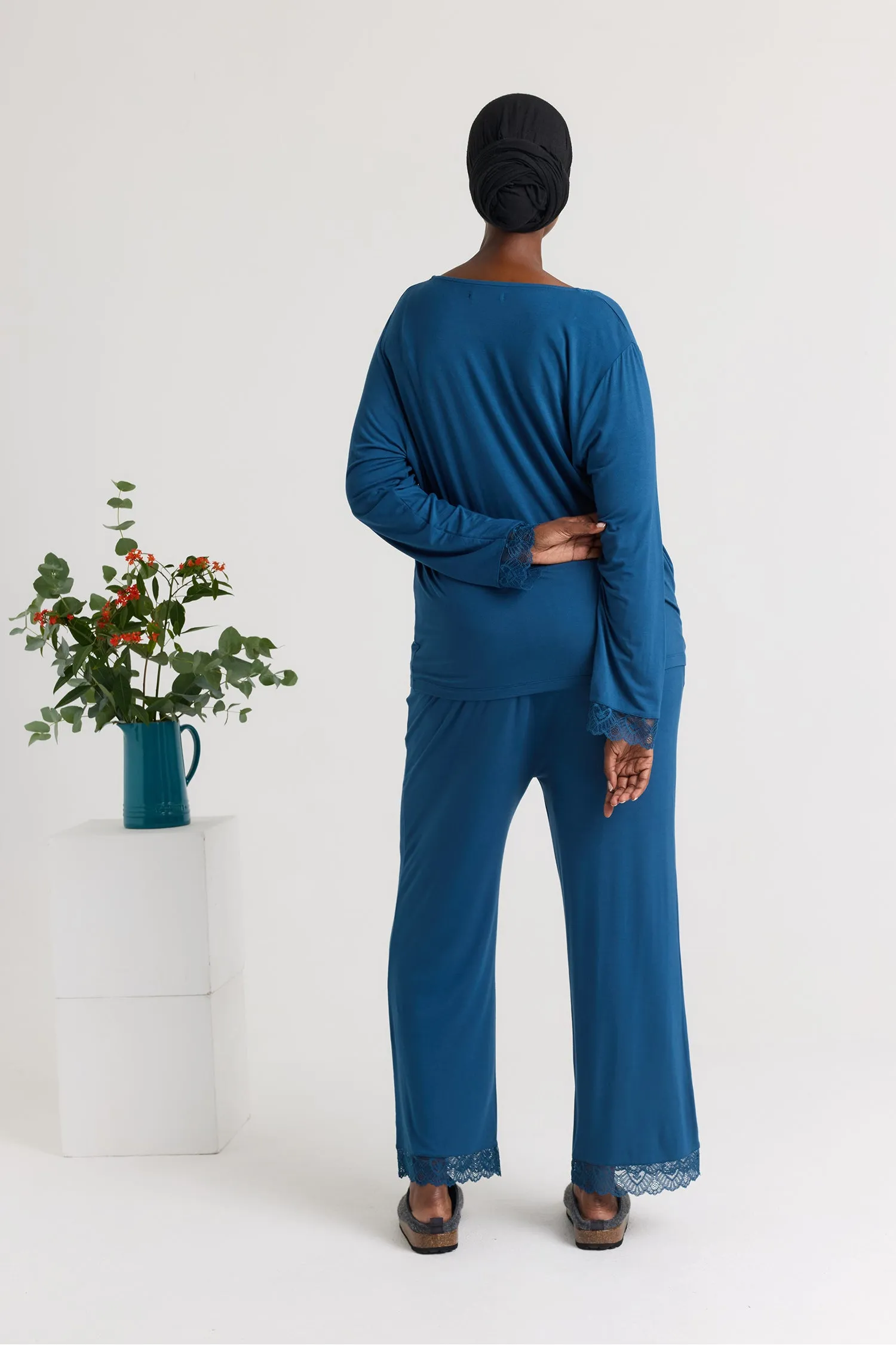 Bamboo Lace V-Neck Pyjama Set in Teal sold by Pretty You London product image thumbnail 3