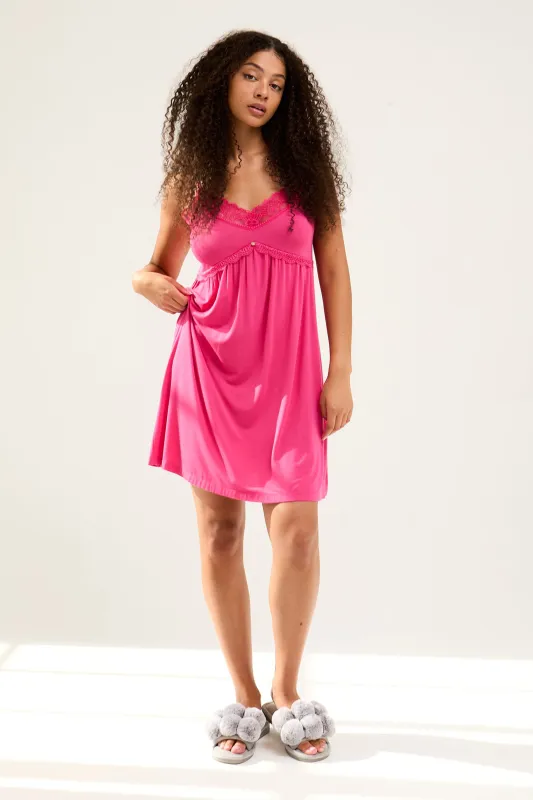 Bamboo Lace Chemise Nightdress in Raspberry sold by Pretty You London
