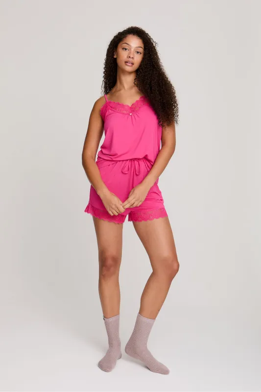 Bamboo Lace Cami Short Pajama Set in Raspberry sold by Pretty You London