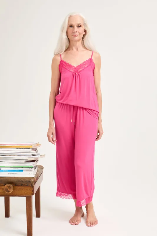 Bamboo Lace Cami Cropped Trouser Pajama Set in Raspberry sold by Pretty You London