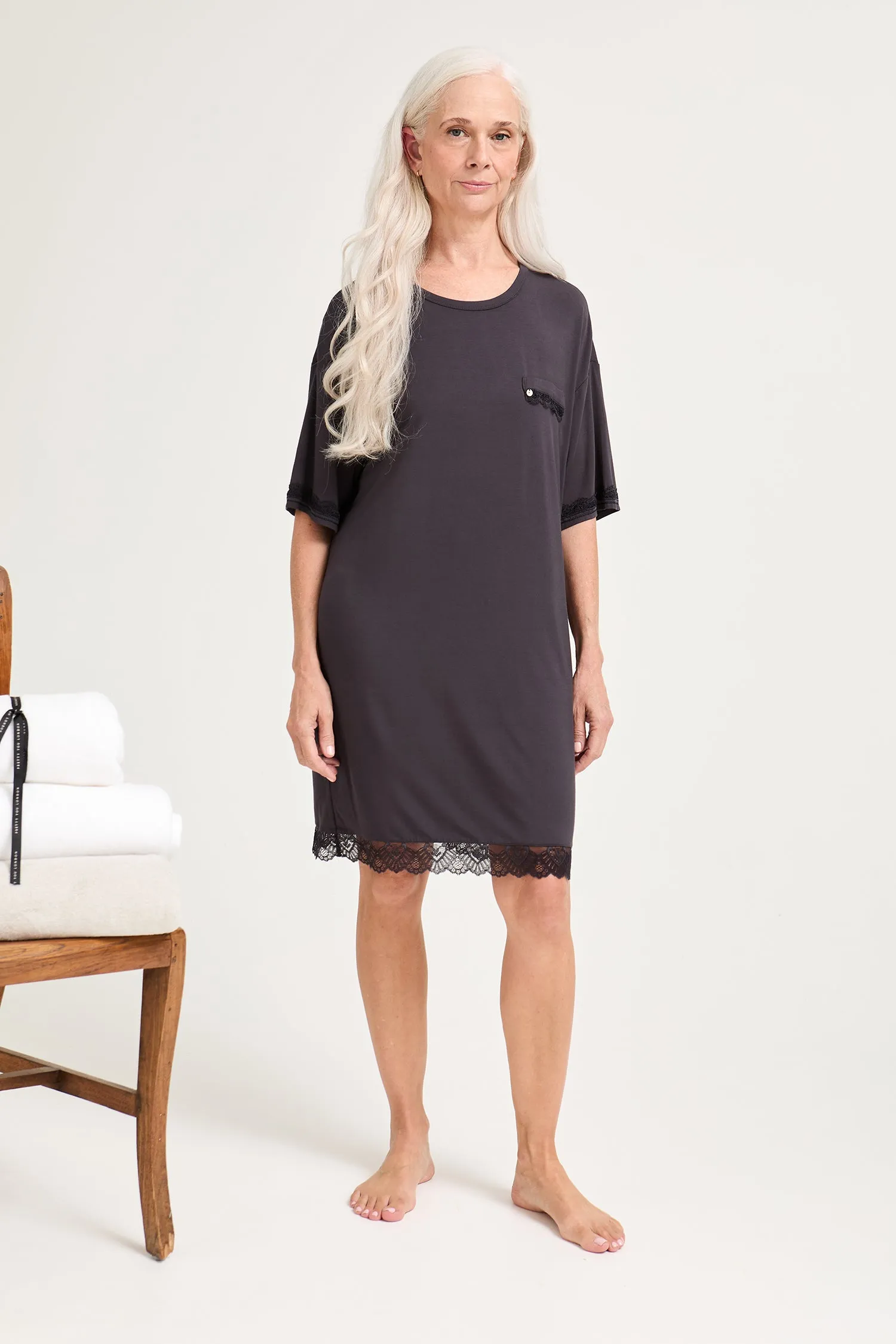 Bamboo Lace Tee Dress in Raven sold by Pretty You London product image thumbnail 4