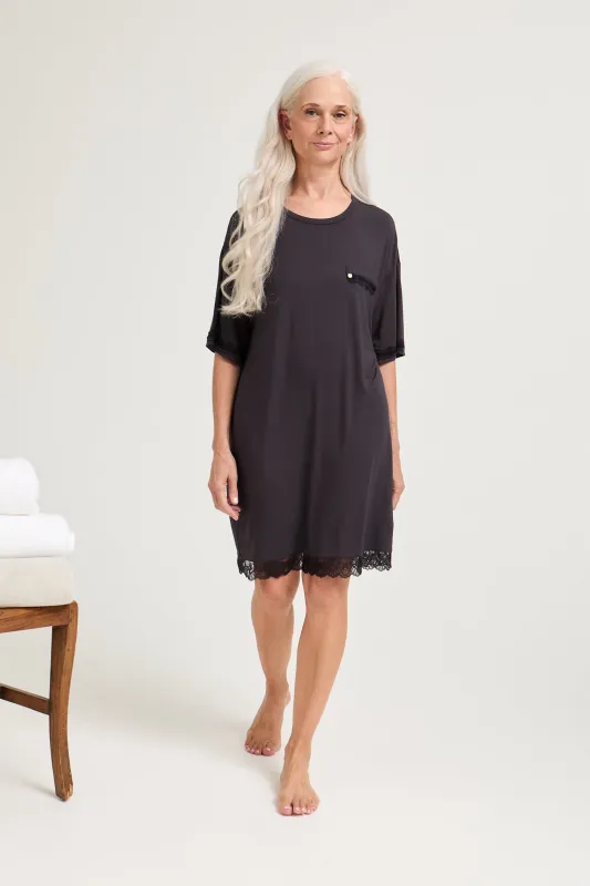 Bamboo Lace Tee Dress in Raven sold by Pretty You London