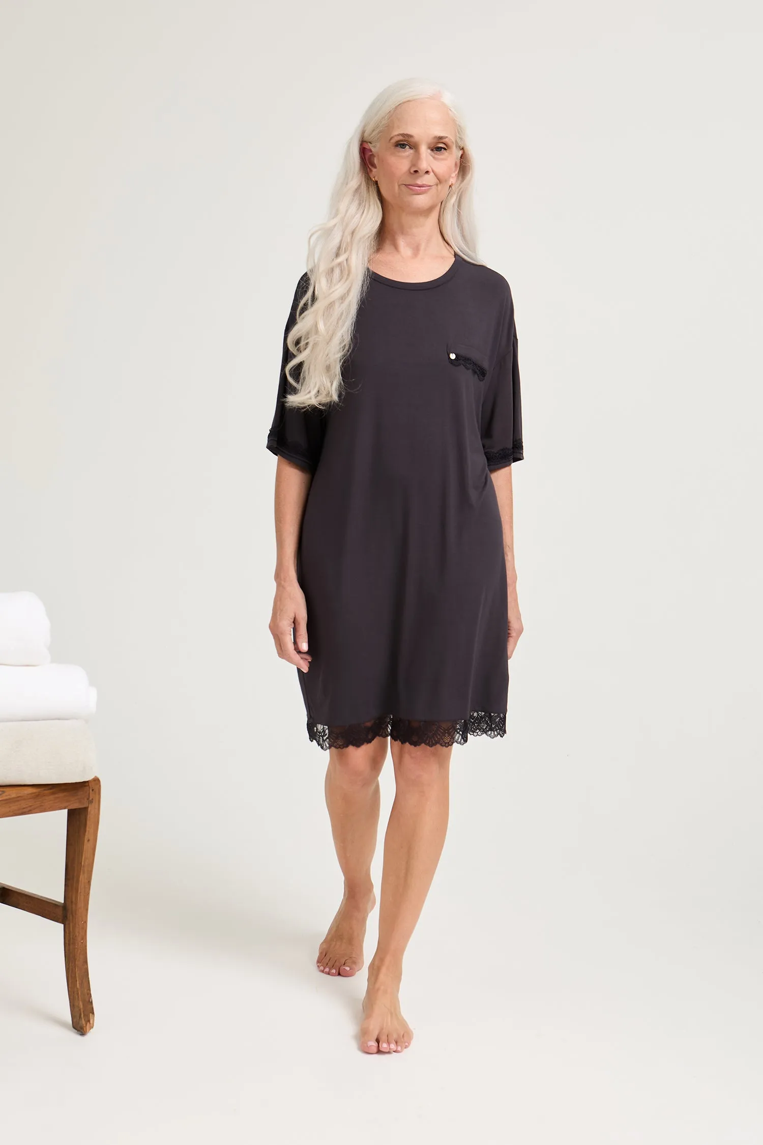 Bamboo Lace Tee Dress in Raven sold by Pretty You London
