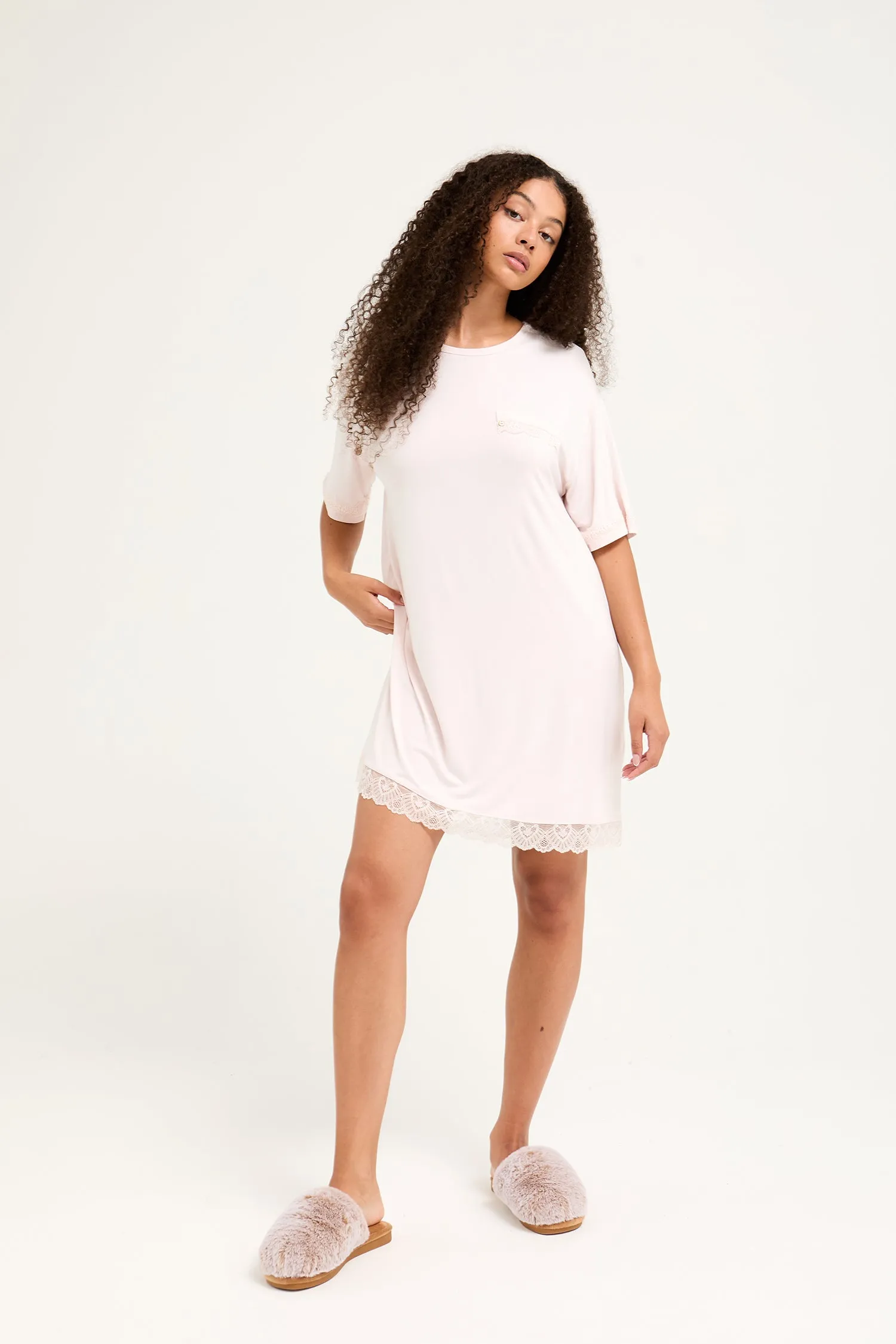 Bamboo Lace Tee Dress in Powder Puff sold by Pretty You London