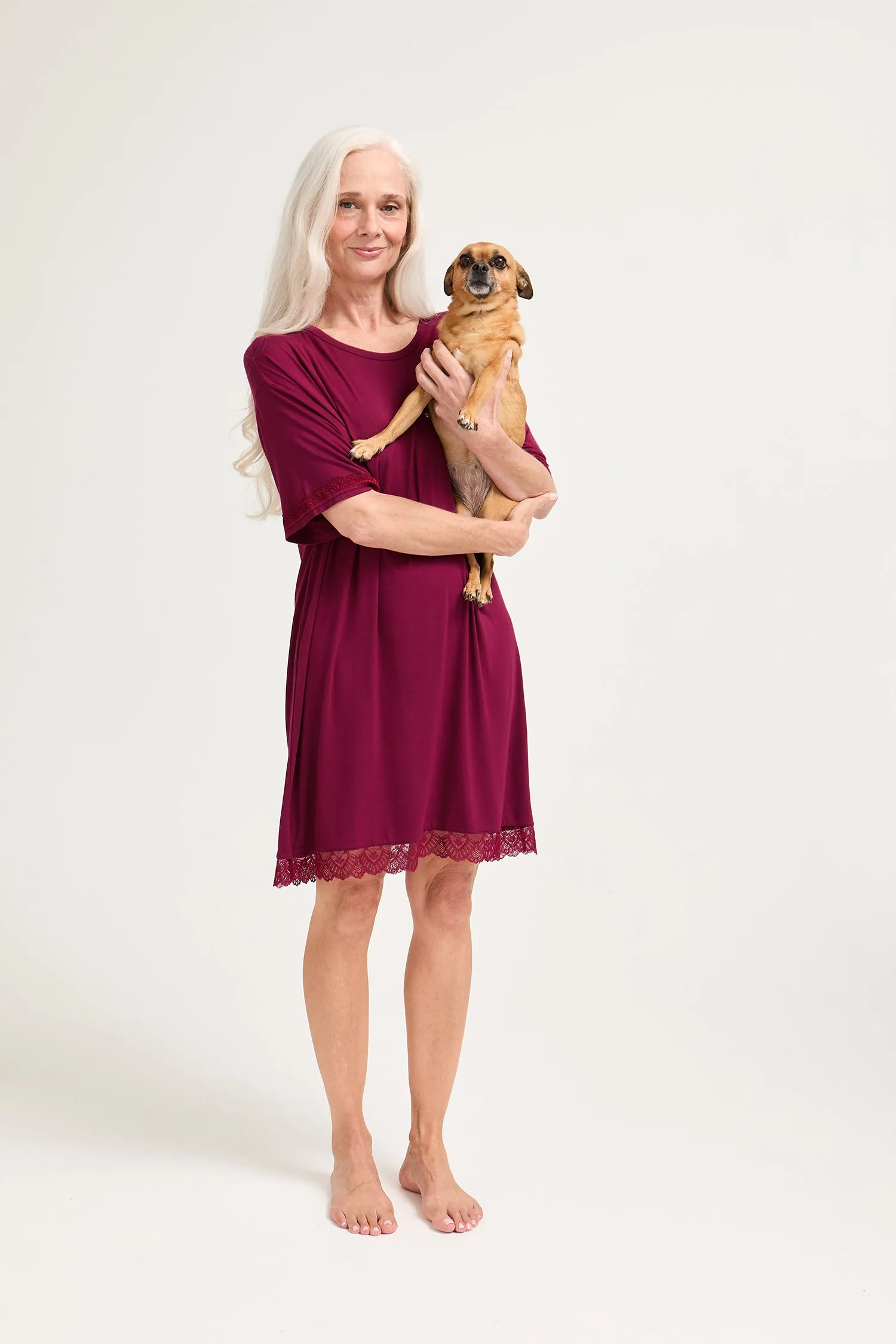 Bamboo Lace Tee Dress in Bordeaux sold by Pretty You London