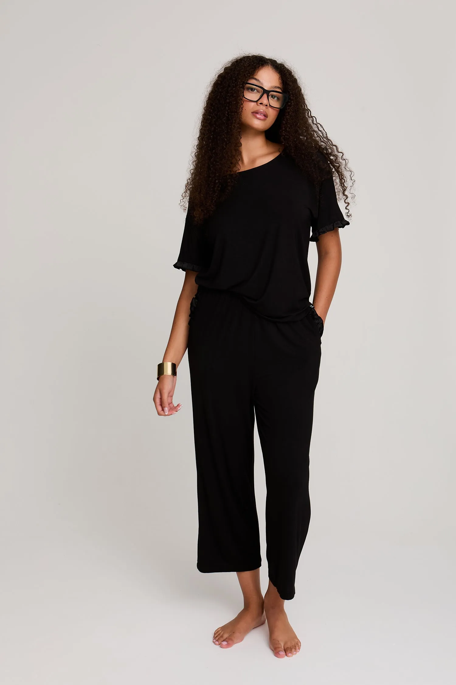 Bamboo Frill Tee Trouser Set in Black sold by Pretty You London product image thumbnail 4
