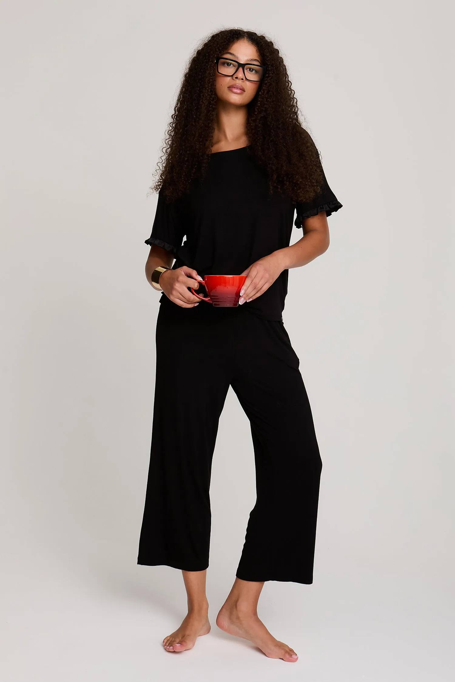 Bamboo Frill Tee Trouser Set in Black sold by Pretty You London