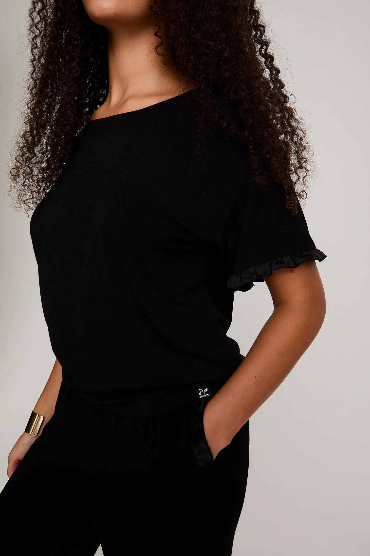 Bamboo Frill Tee Trouser Set in Black sold by Pretty You London product image thumbnail 2