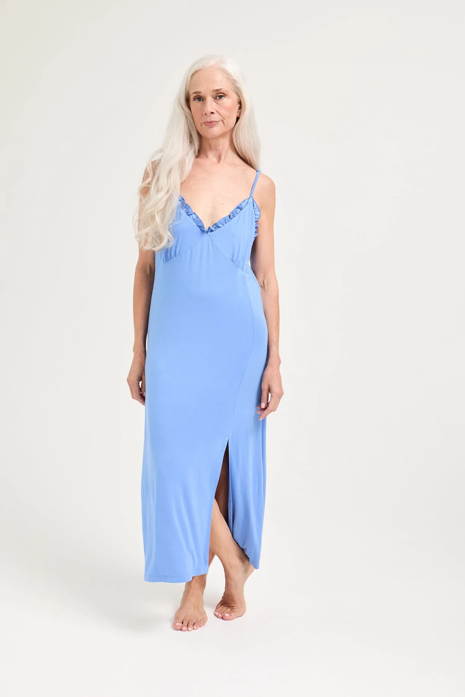 Bamboo Frill Chemise in Cornflower Blue sold by Pretty You London