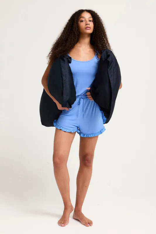 Bamboo Frill Cami Short Pyjama Set in Cornflower Blue sold by Pretty You London