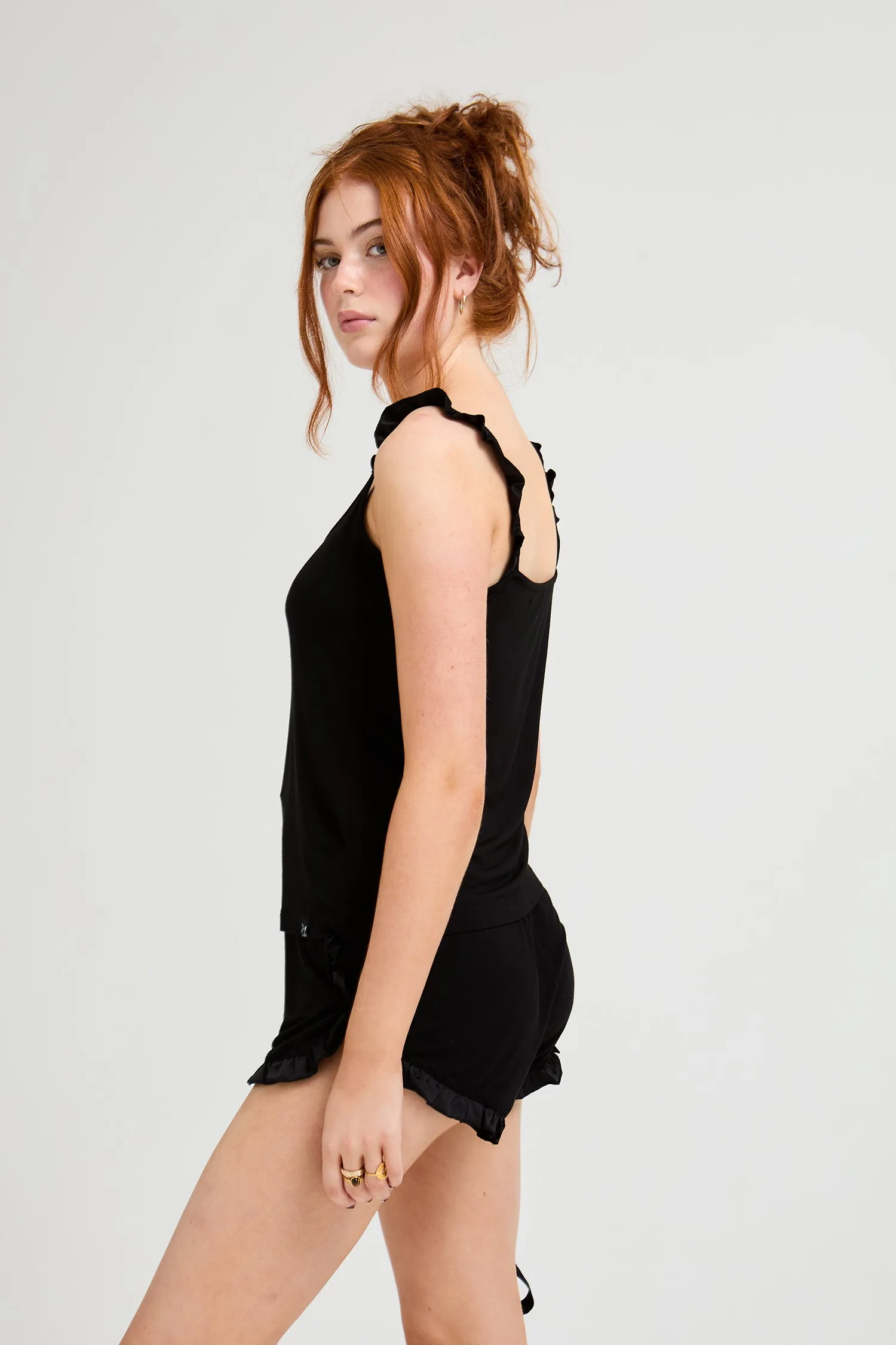 Bamboo Frill Cami Short Pyjama Set in Black sold by Pretty You London product image thumbnail 3