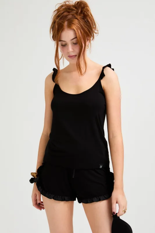 Bamboo Frill Cami Short Pyjama Set in Black sold by Pretty You London