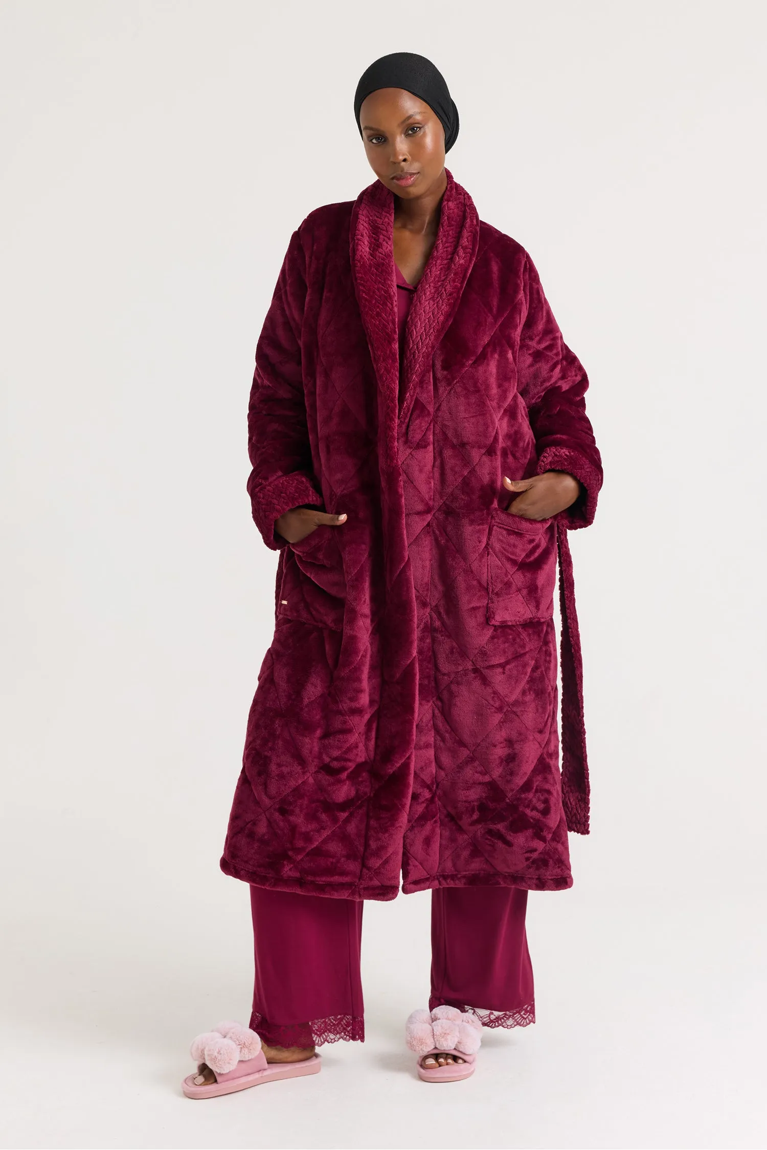 Quilted Velour Dressing Gown in Bordeaux sold by Pretty You London product image thumbnail 4