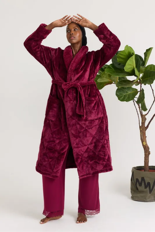 Quilted Velour Dressing Gown in Bordeaux sold by Pretty You London