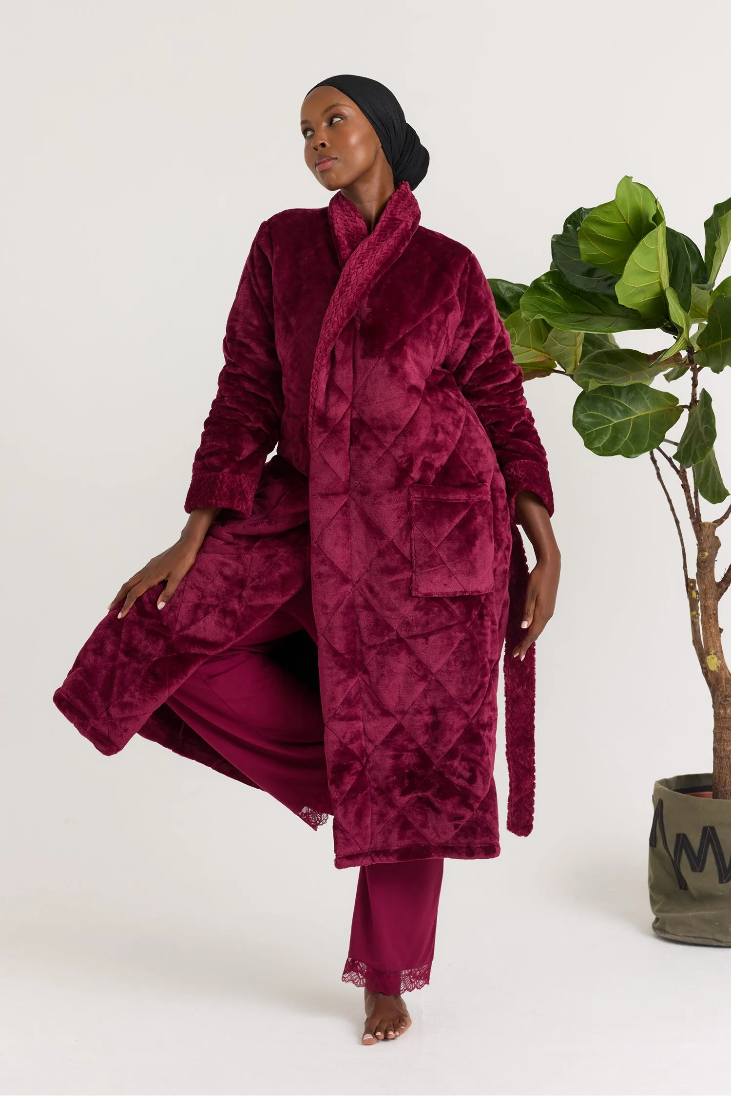 Quilted Velour Dressing Gown in Bordeaux sold by Pretty You London product image thumbnail 5