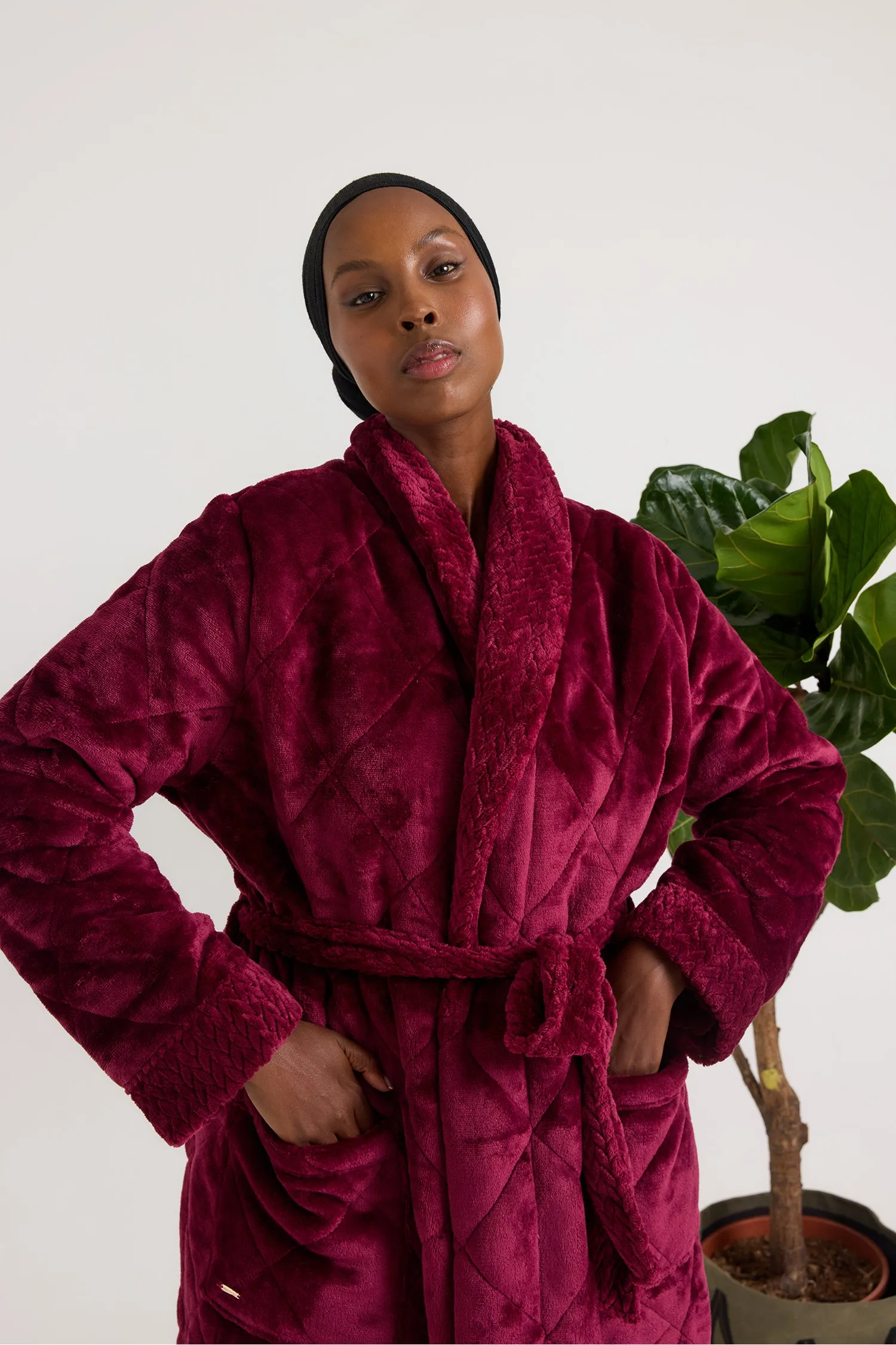 Quilted Velour Dressing Gown in Bordeaux sold by Pretty You London product image thumbnail 2