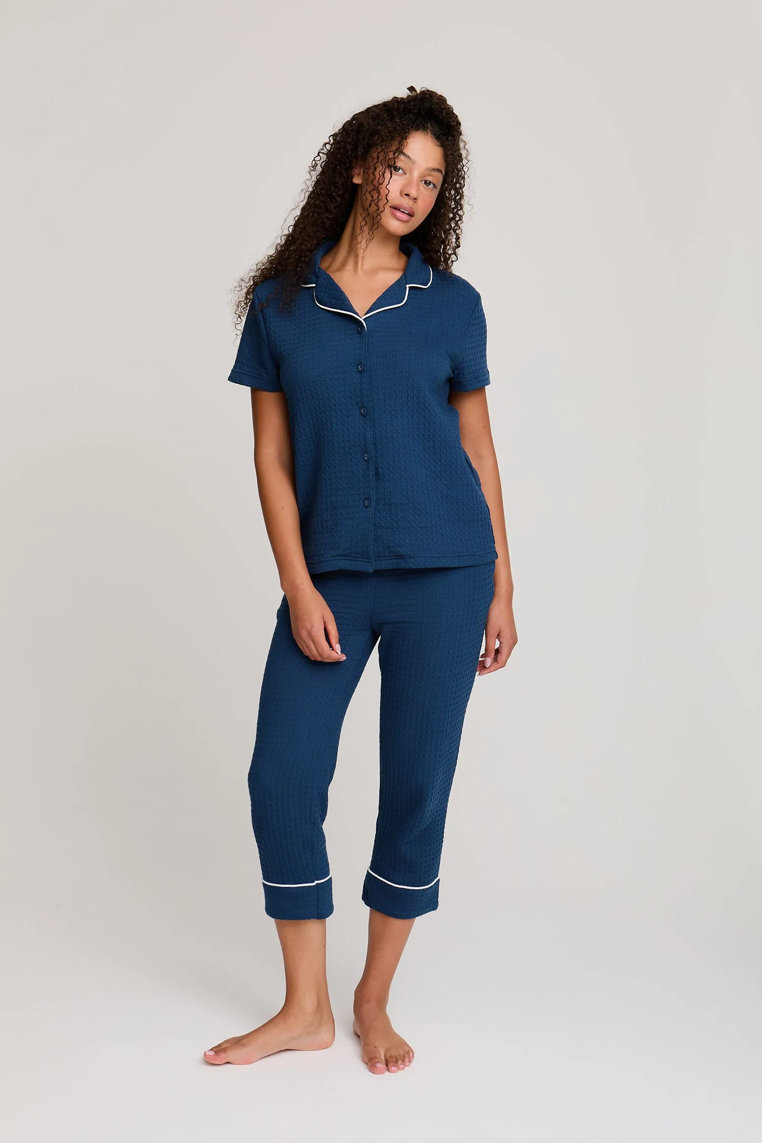 Luxury Suite Waffle Short Shirt Trouser Set in Marine Blue sold by Pretty You London