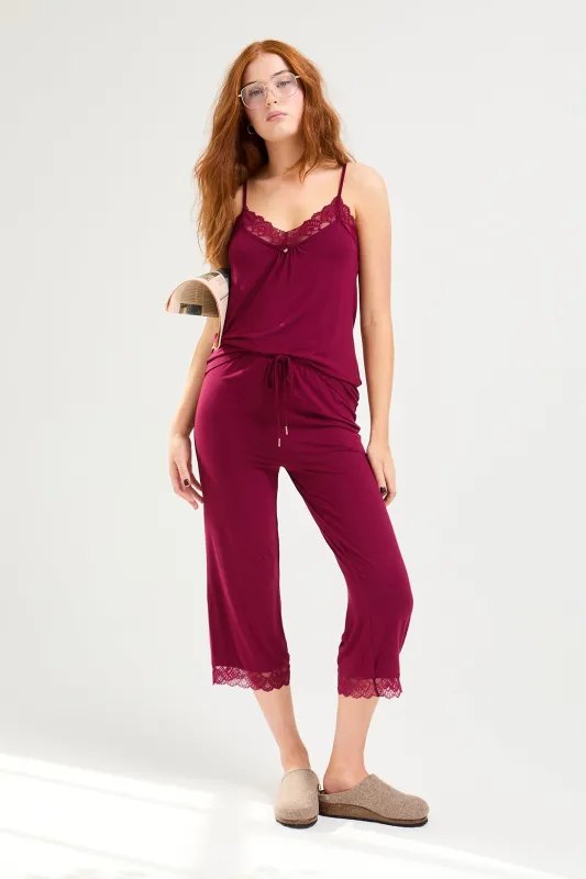 Bamboo Lace Cami Cropped Trouser Pajama Set in Bordeaux sold by Pretty You London